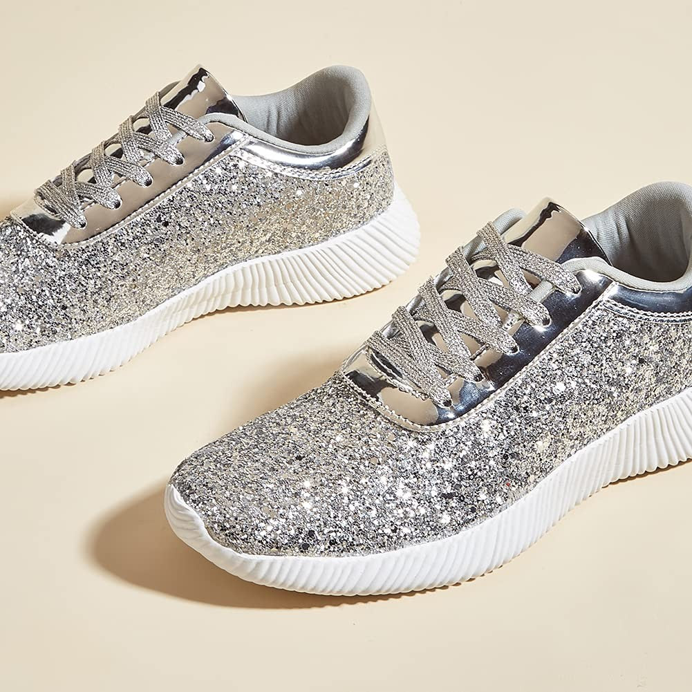 Silver Glitter Tennis Shoes for Women 11B Lightweight Sparkly Style