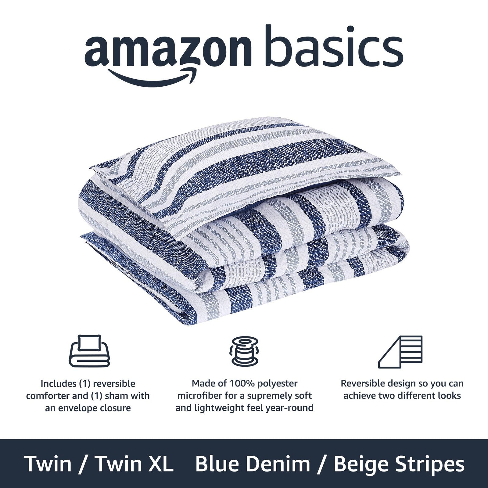 Twin/Twin XL Comforter Set, Reversible Microfiber, Blue Denim/Beige Stripes