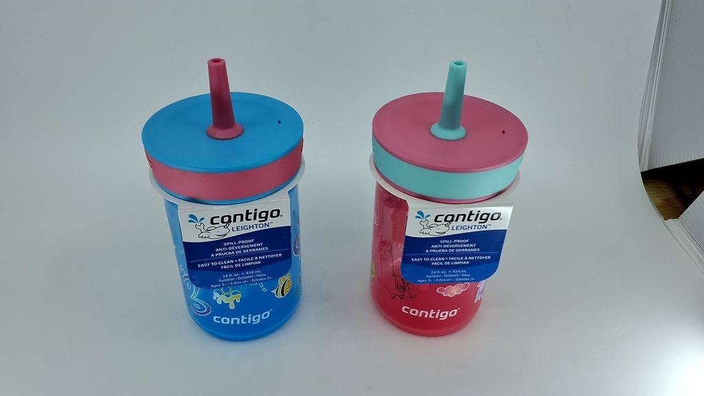 Contigo Leighton Kids Water Bottle 2-Pack 14oz Spill-Proof Blue Raspberry/Azalea