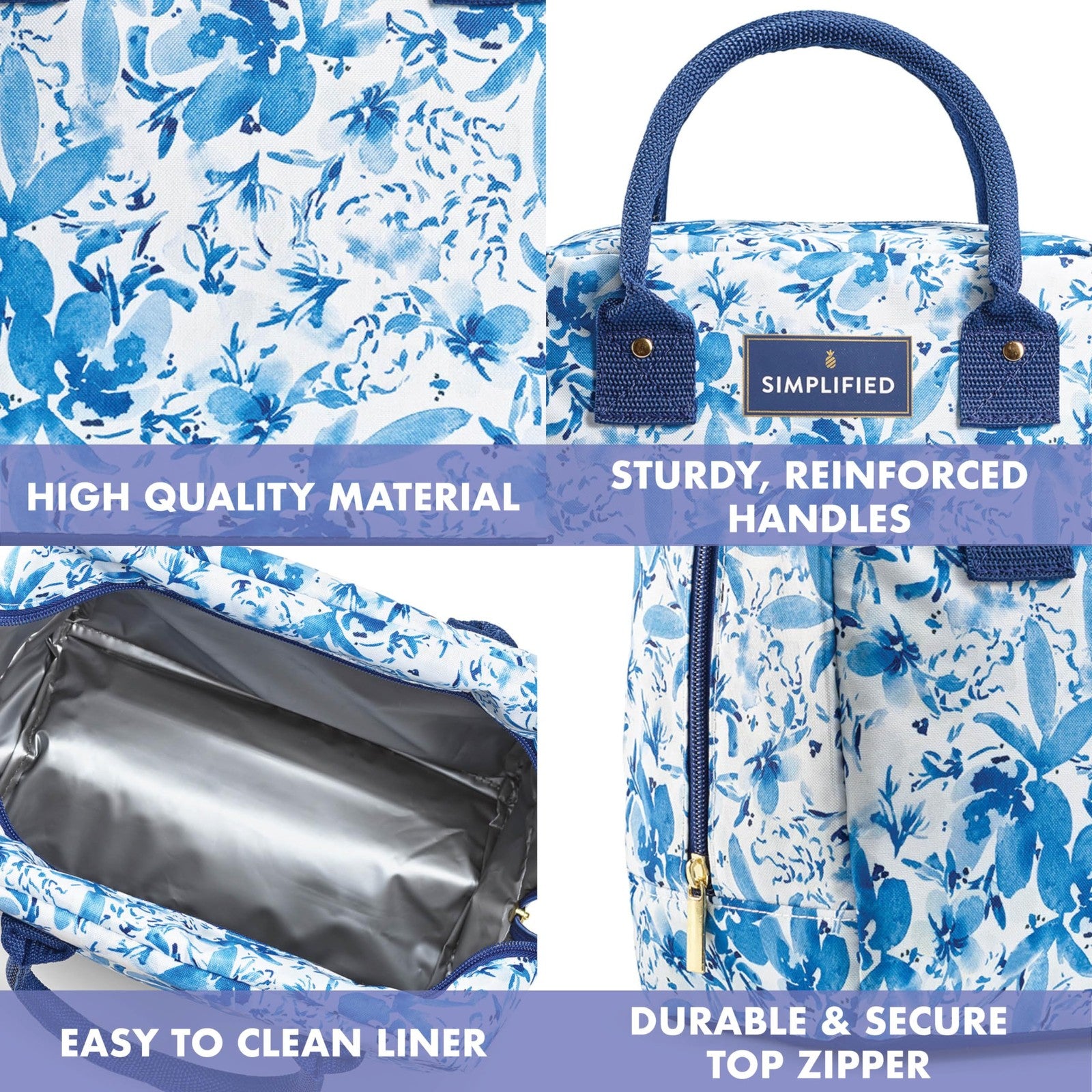 Fit & Fresh Women's Lunch Bag, Insulated, Blue Floral, Zipper Closure