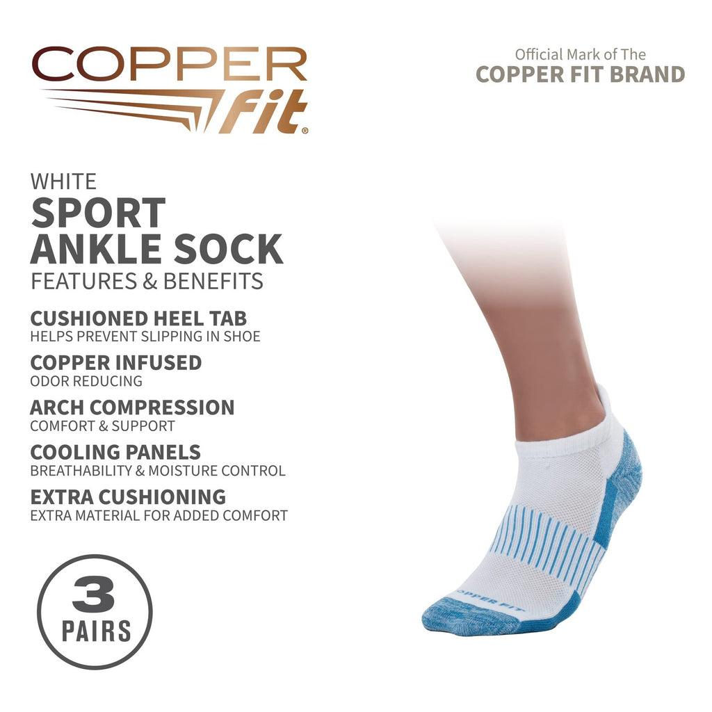 Copper Fit Unisex Adult Ankle Length Sport Socks, White, Small-Medium US