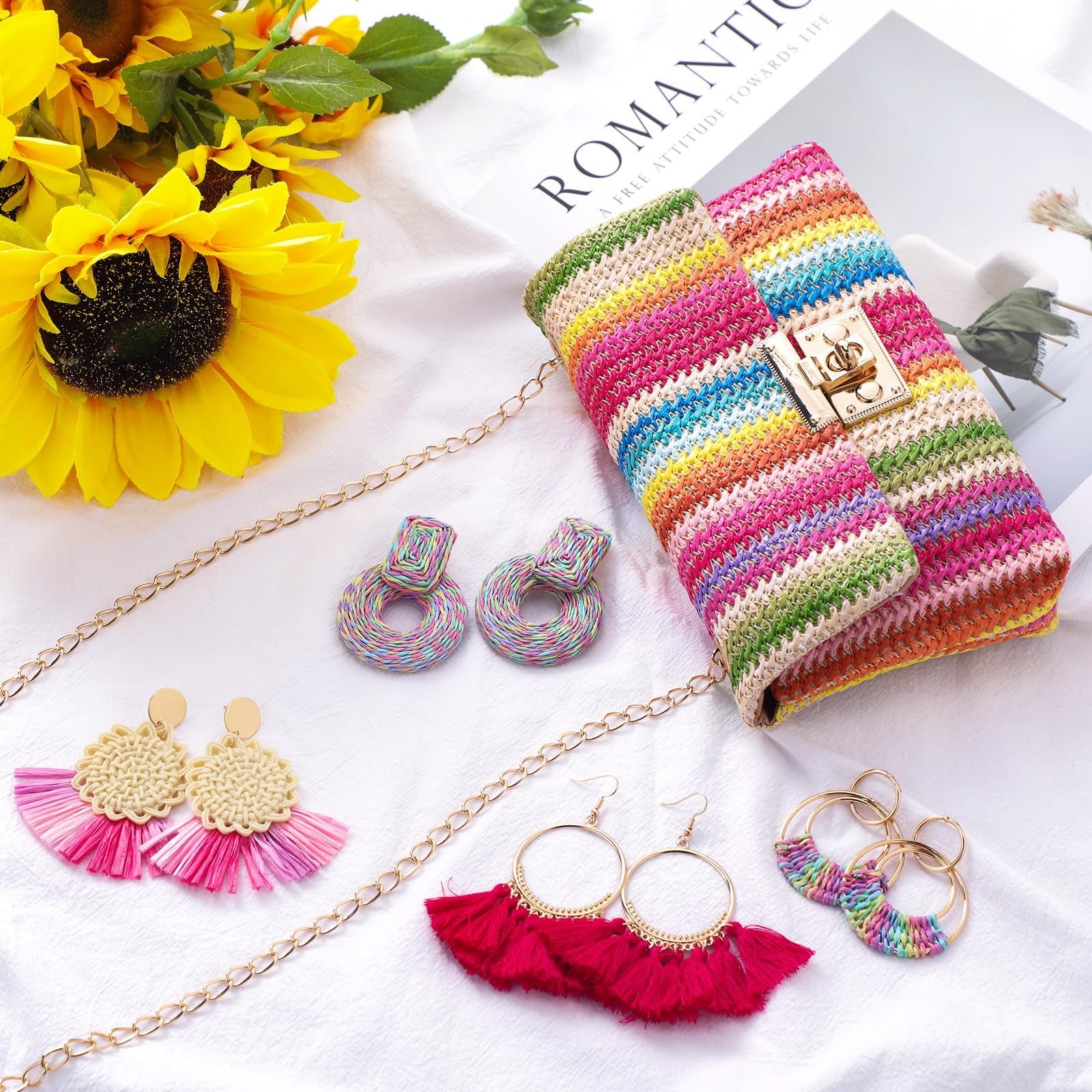 5 Pack Summer Striped Straw Clutch Purse & Earrings Set for Women