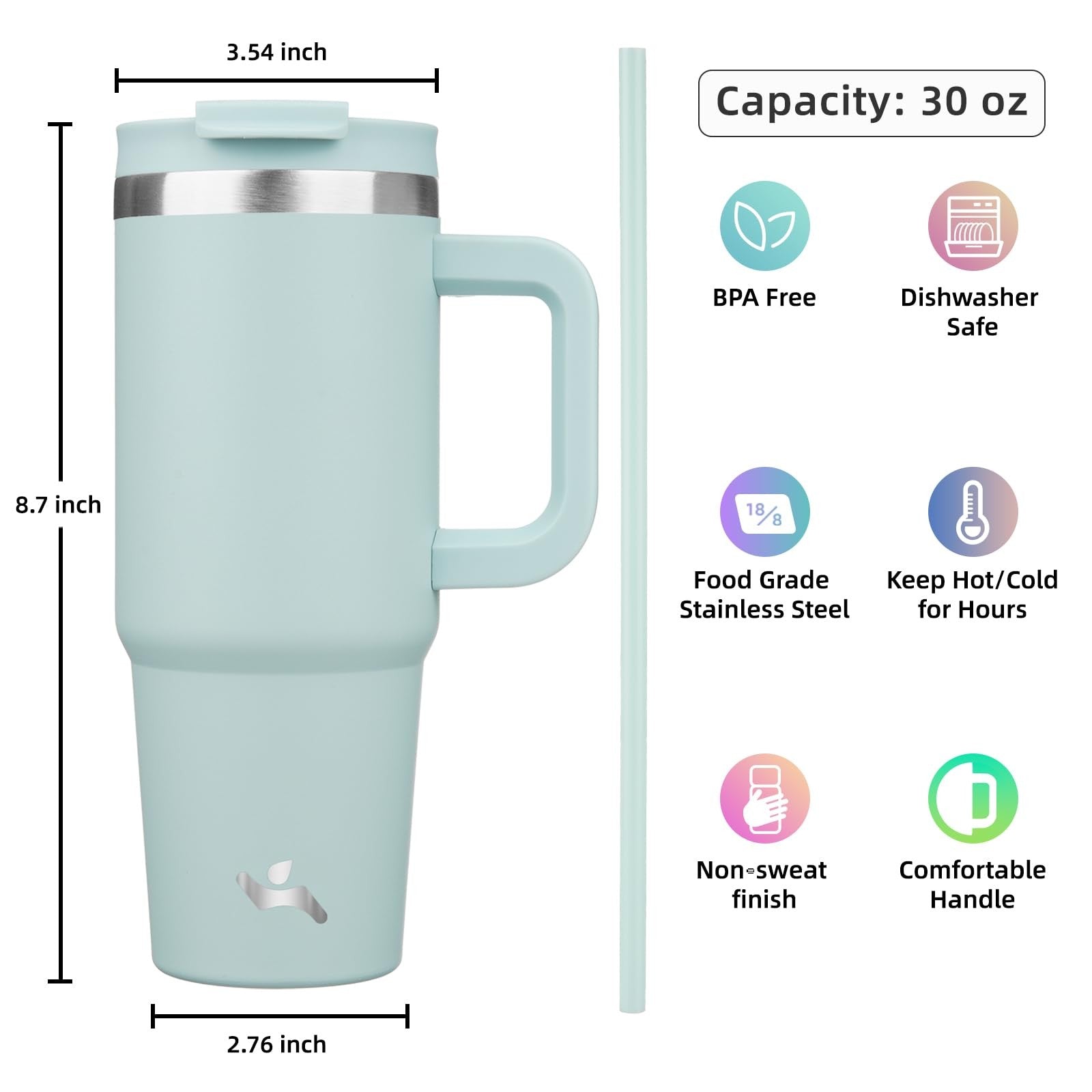 30 oz Stainless Steel Tumbler w/ Handle & 2 Straws, Blue Haze
