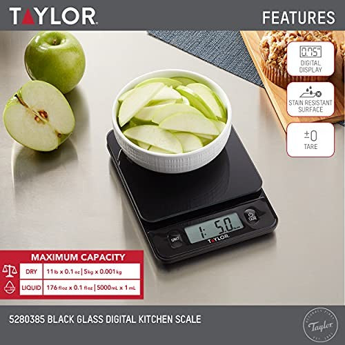 Compact Food Scale, 11 lb Capacity, Black, Touch Controls, Tare Function