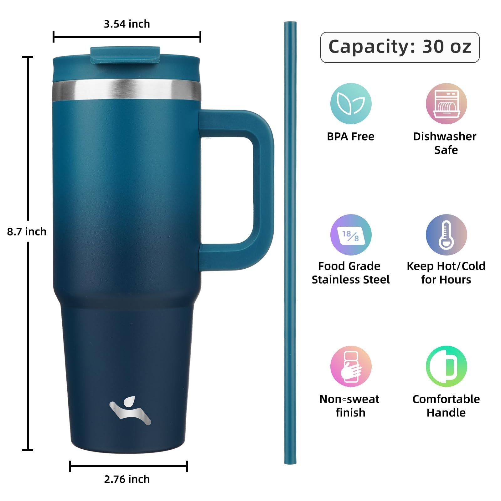 Konokyo 30 Oz Stainless Steel Tumbler w/ Handle, Indigo Black