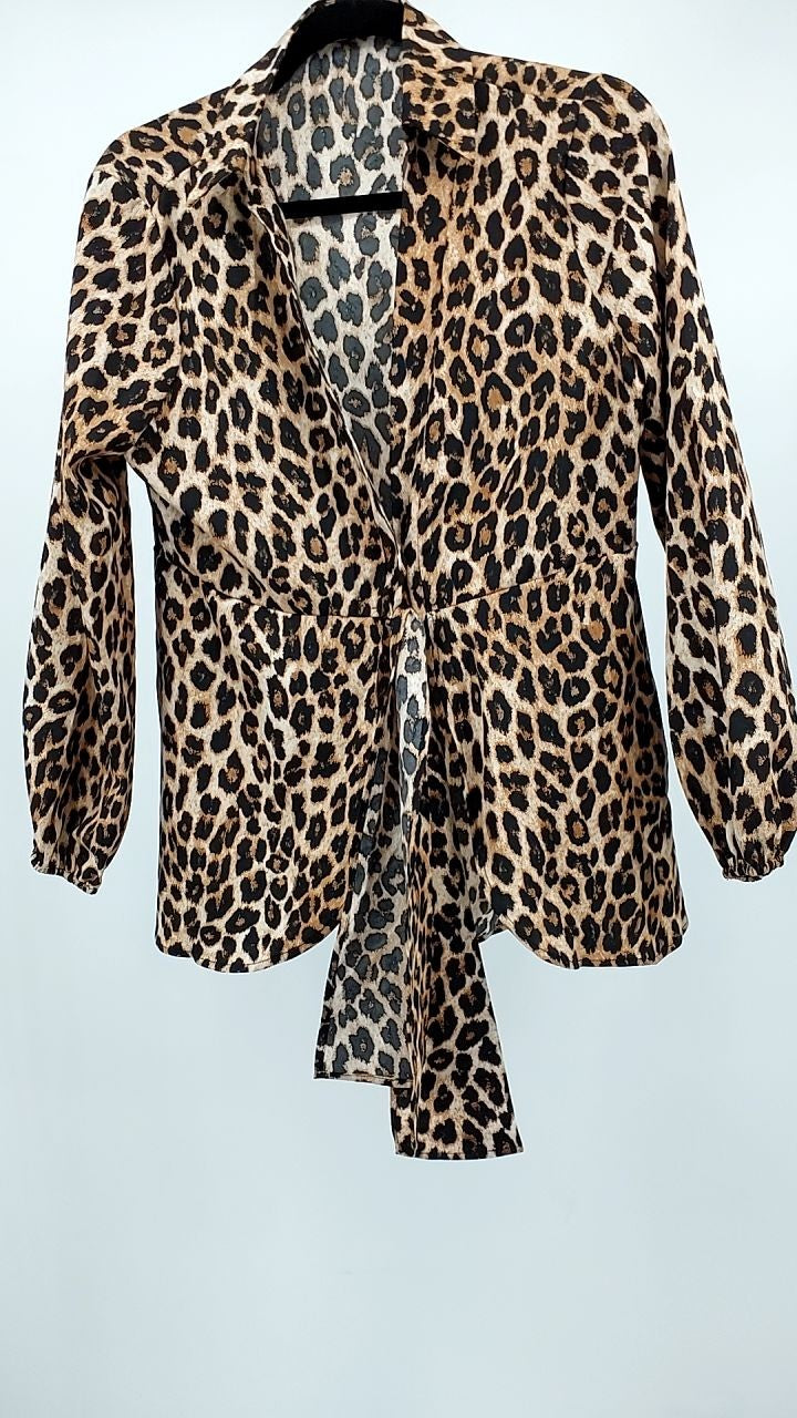 Leopard Tie Front Long Sleeve Blouse