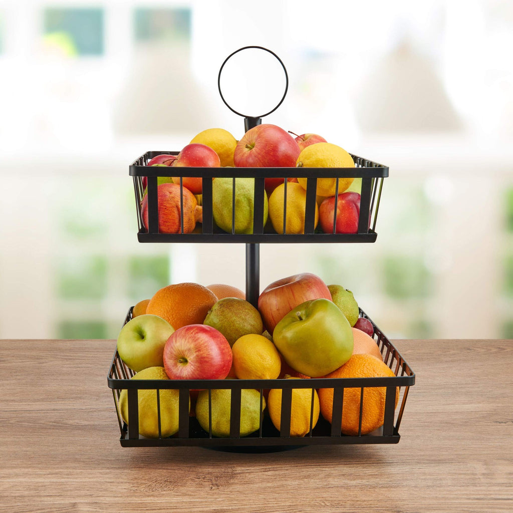 Rotating 2-Tier Storage Basket, Black Carbon Steel, Kitchen & Bathroom Use
