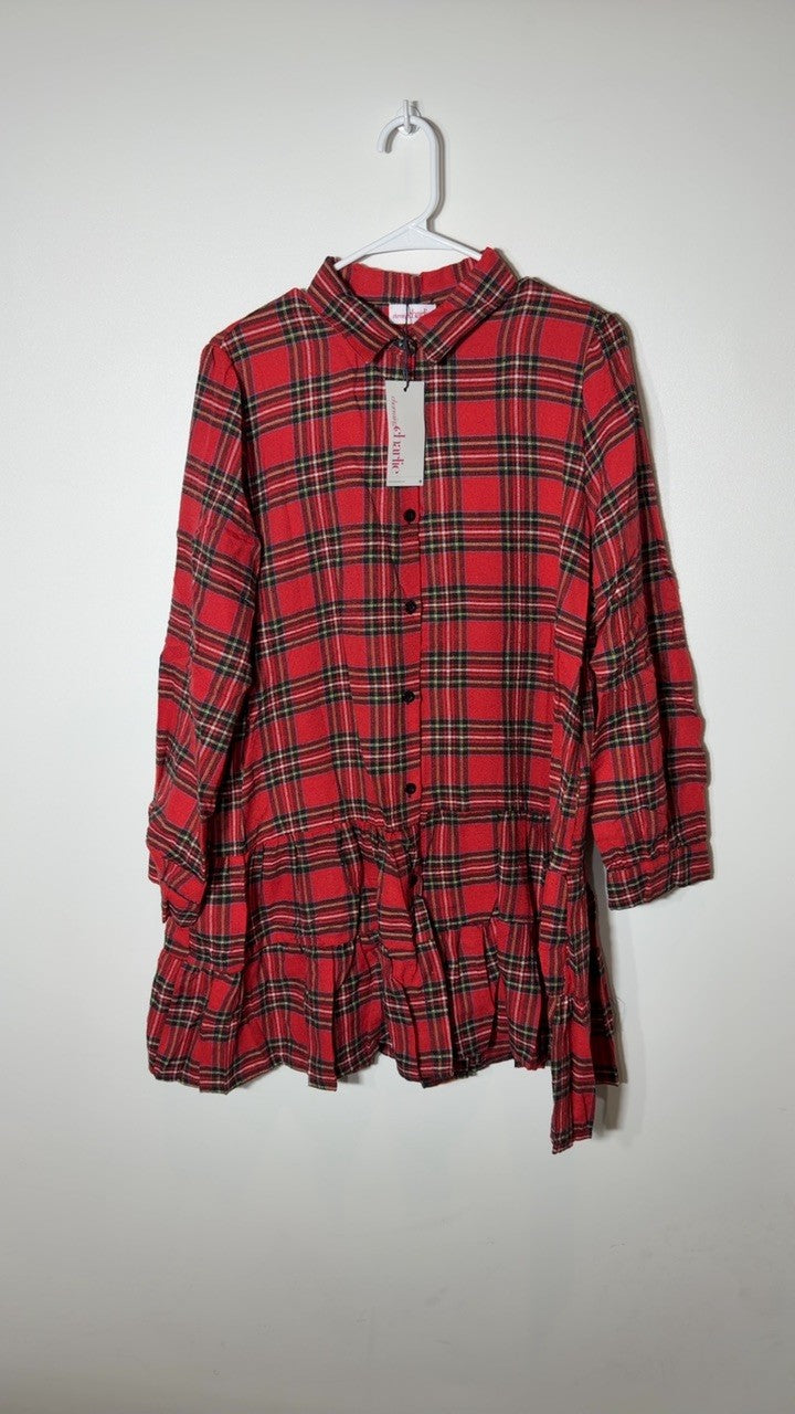 Ruffle Hem Plaid Button Down Long Sleeve Dress