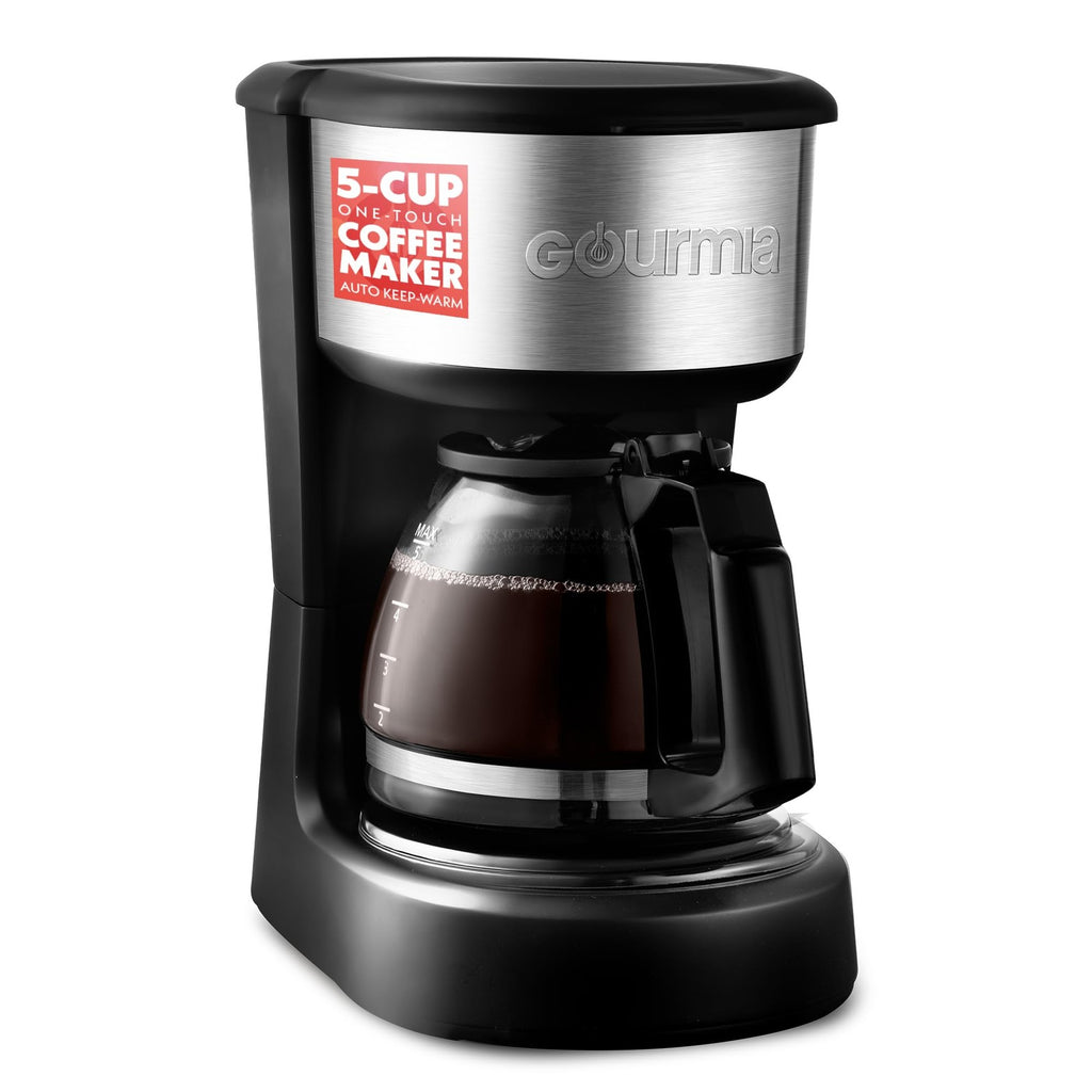 Gourmia One-Touch Coffee Maker, 5 Cup, Black & Stainless Steel Accents