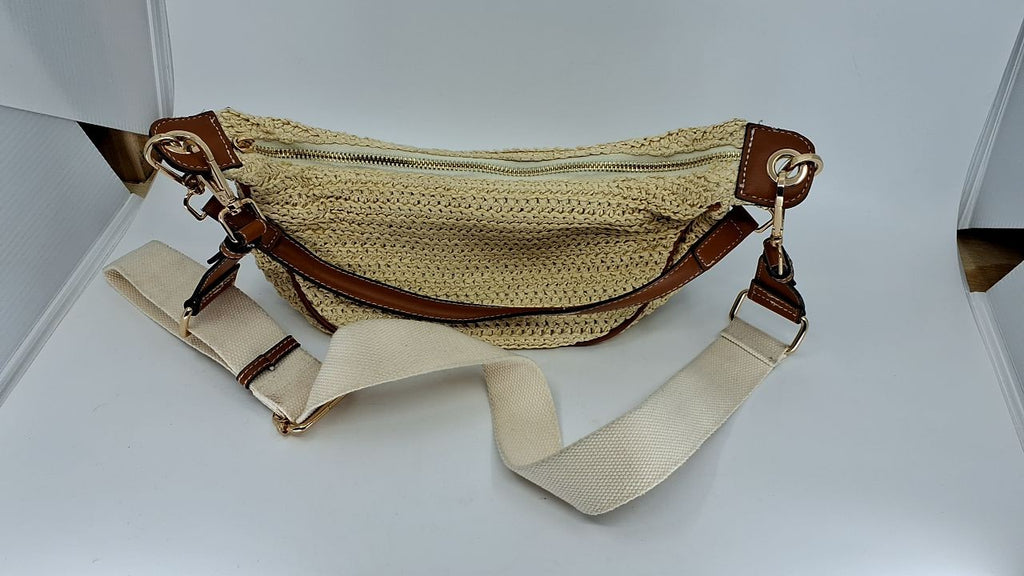 Khaki Straw Crossbody Bag for Women w/ Adjustable Strap - Summer Chic