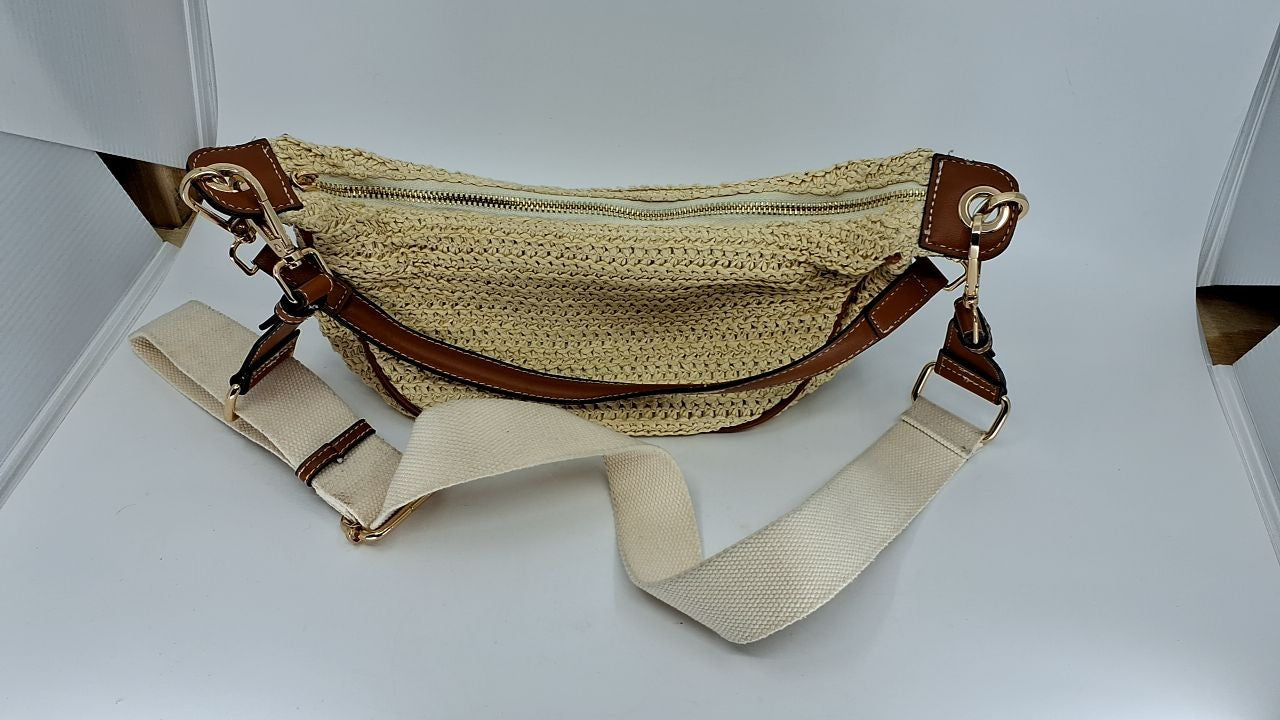 Khaki Straw Crossbody Bag for Women w/ Adjustable Strap - Summer Chic