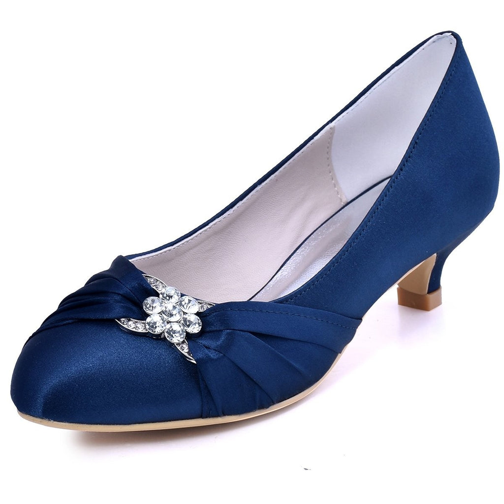 Navy Blue Closed Toe Bridal Pumps US 10 Low Heel Satin Shoes w/ Rhinestones