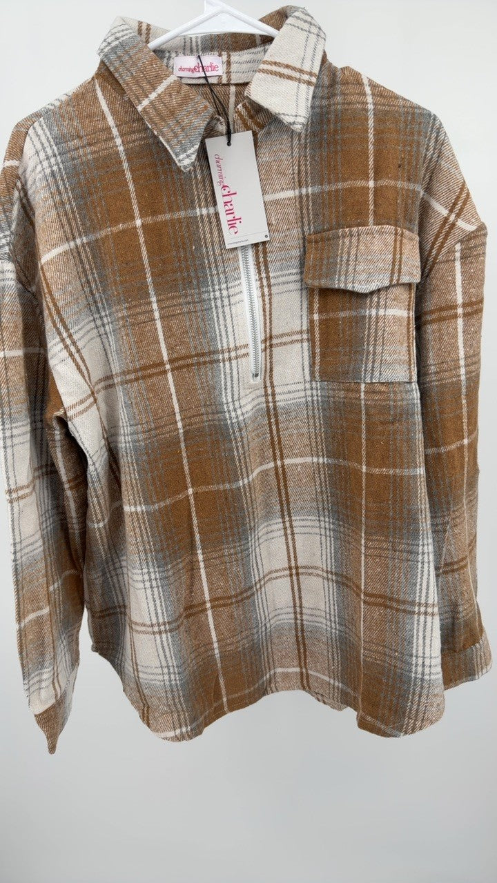 Plaid Collared Neck Half Zip Long Sleeve Top