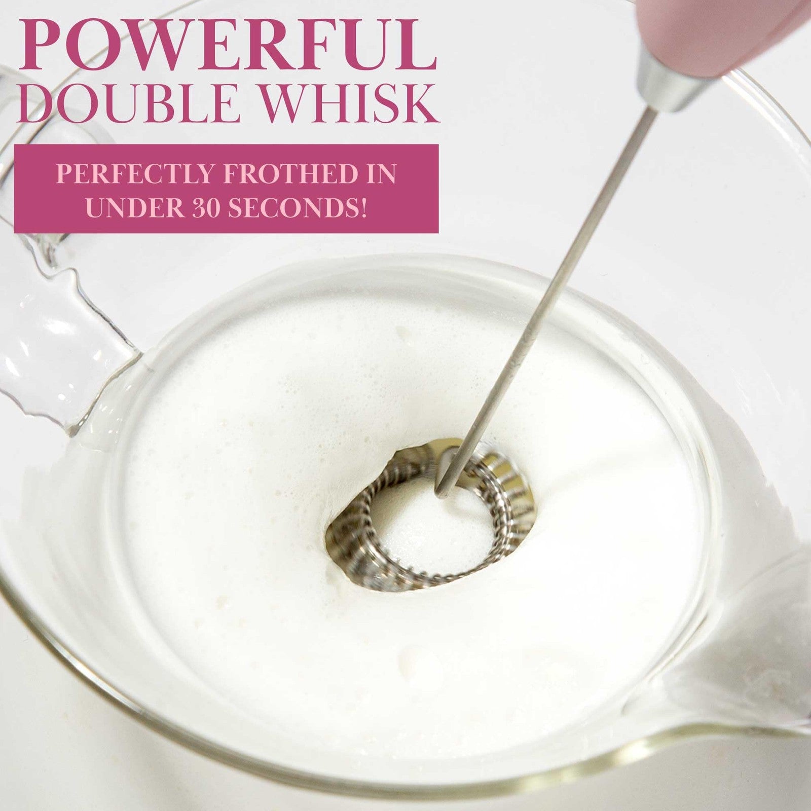 Milk Frother w/ Gold Stand, Electric Handheld, Pink, Double Coil Head