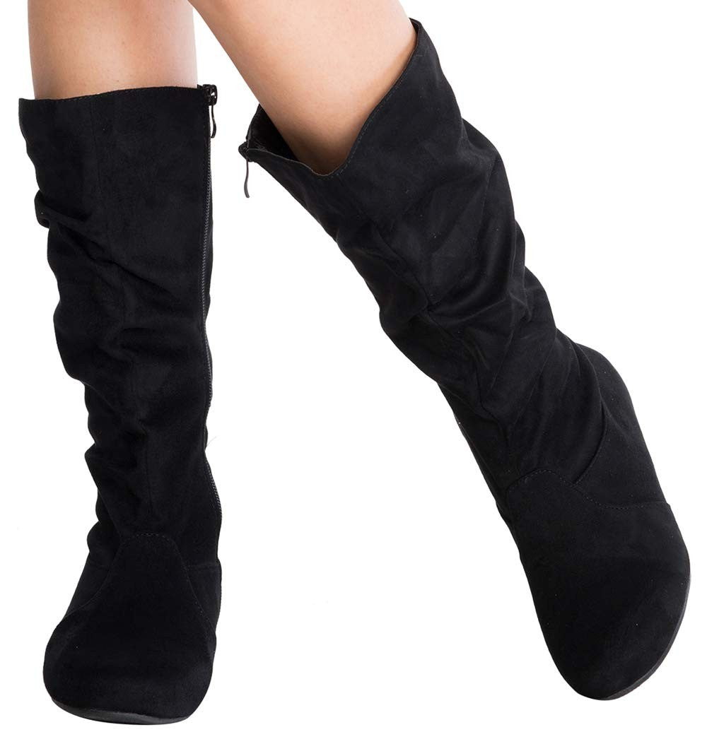 Olivia K Womens Low Heel Mid-Calf Slouchy Suede Casual Boots with Side Zipper
