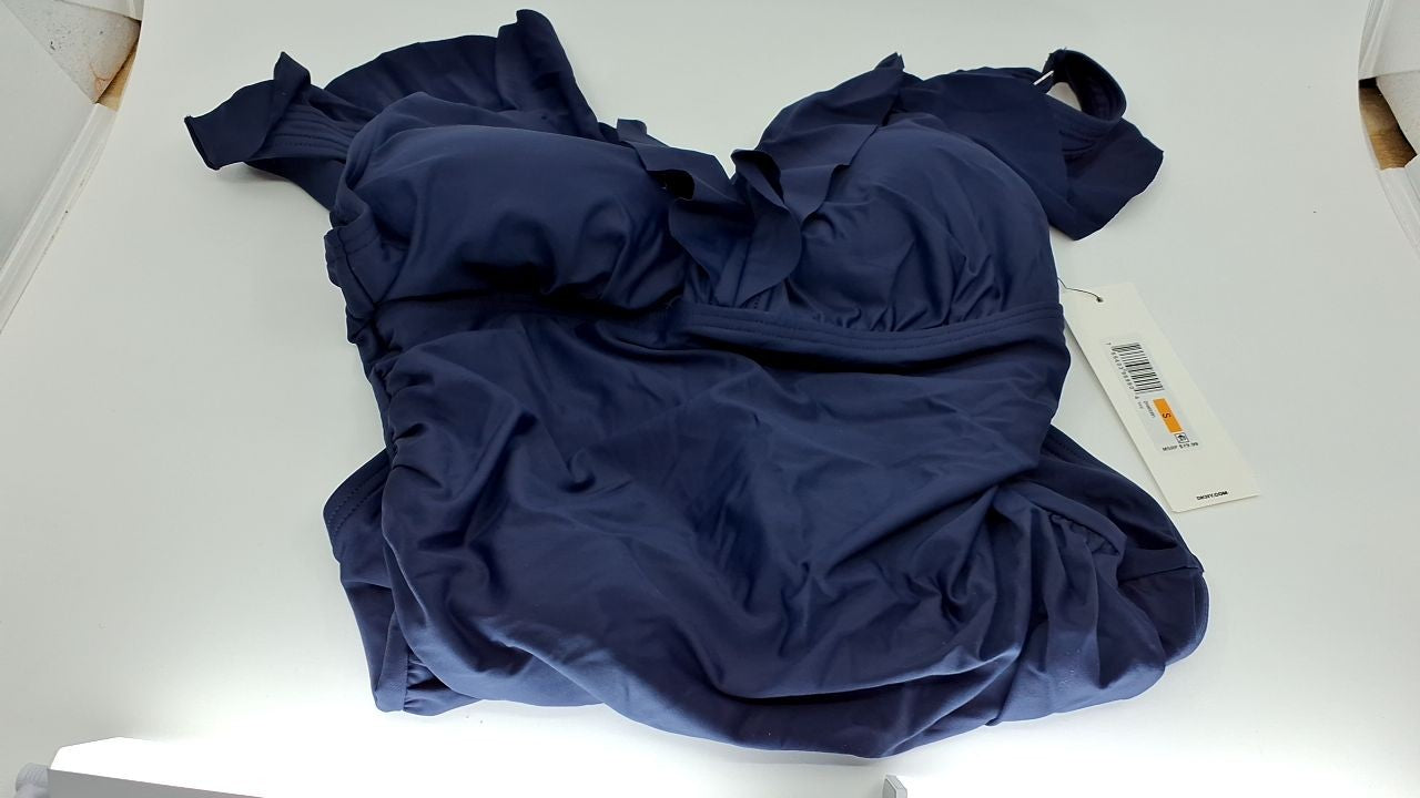 DKNY Women's Ruffle V-Neck One Piece Swimsuit with Tummy Control, Navy, Small