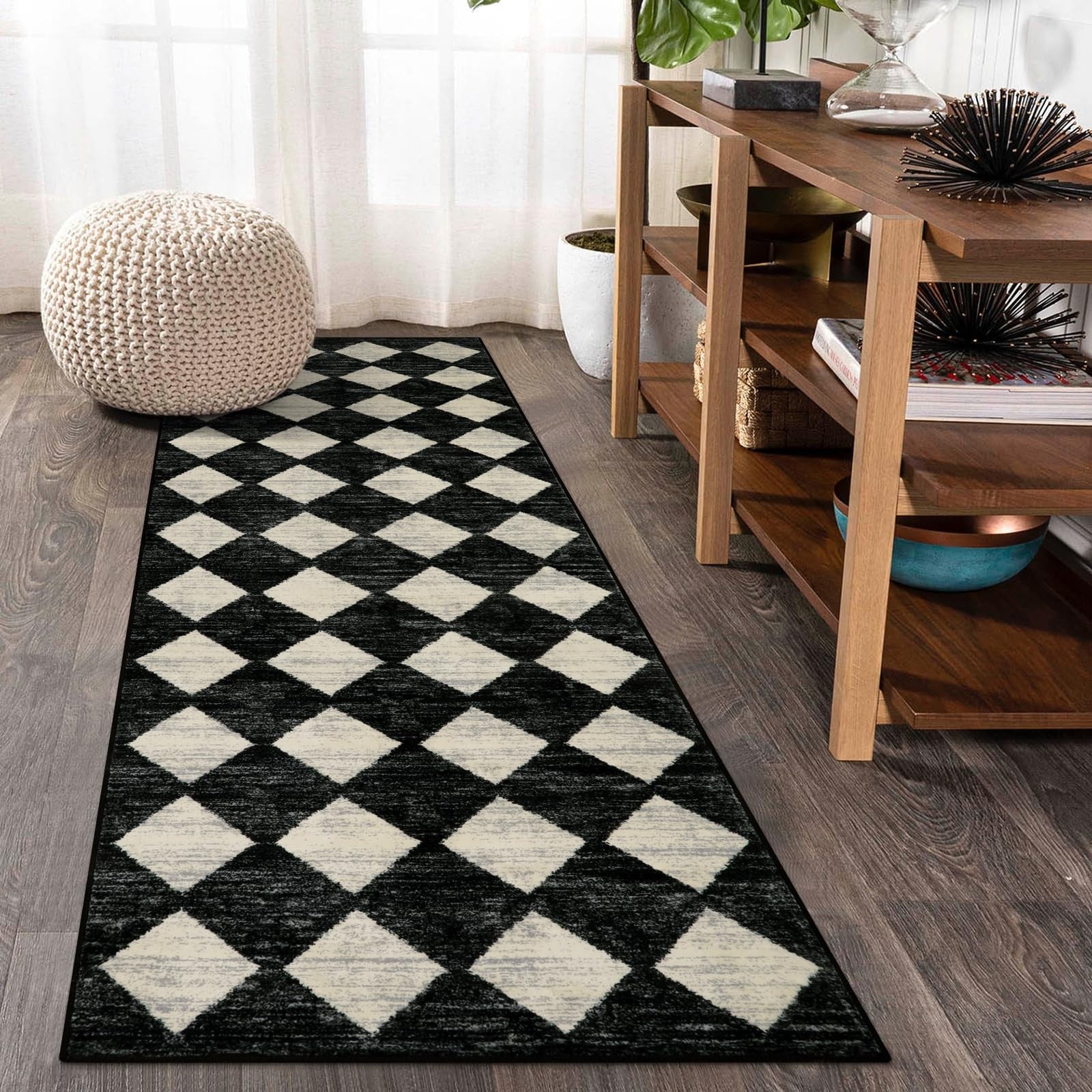 Washable 2x7 Runner Rug, Black & White Trellis, Soft & Stain Resistant