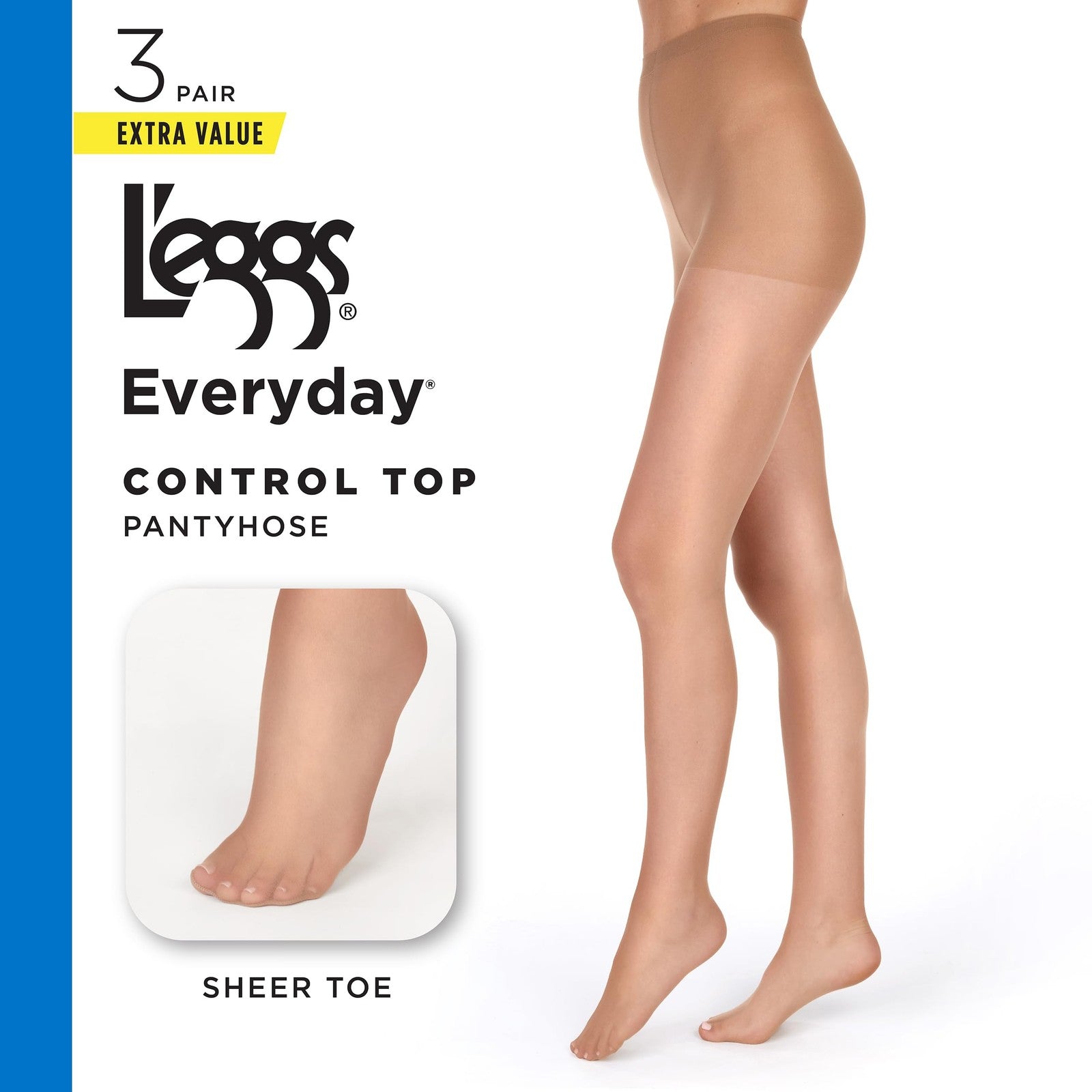 L'eggs Sheer Toe Pantyhose, Control Top, Nude, Size Q, 3-Pack