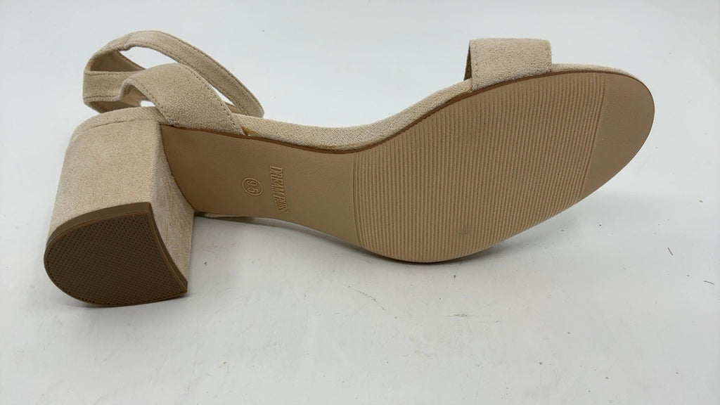 Open Toe Ankle Strap Chunky Heels Sandals, Size 9.5, Nude/Suede