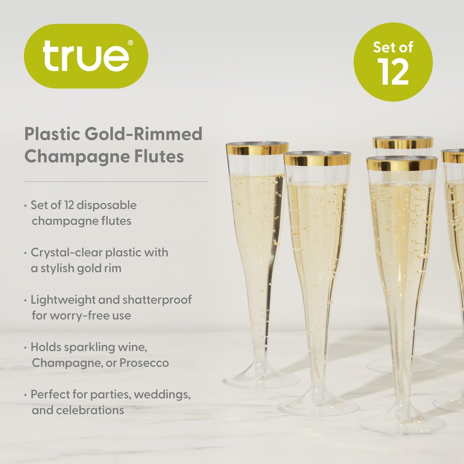 Gold Rimmed Disposable Champagne Flutes, 5.5oz, Set of 12