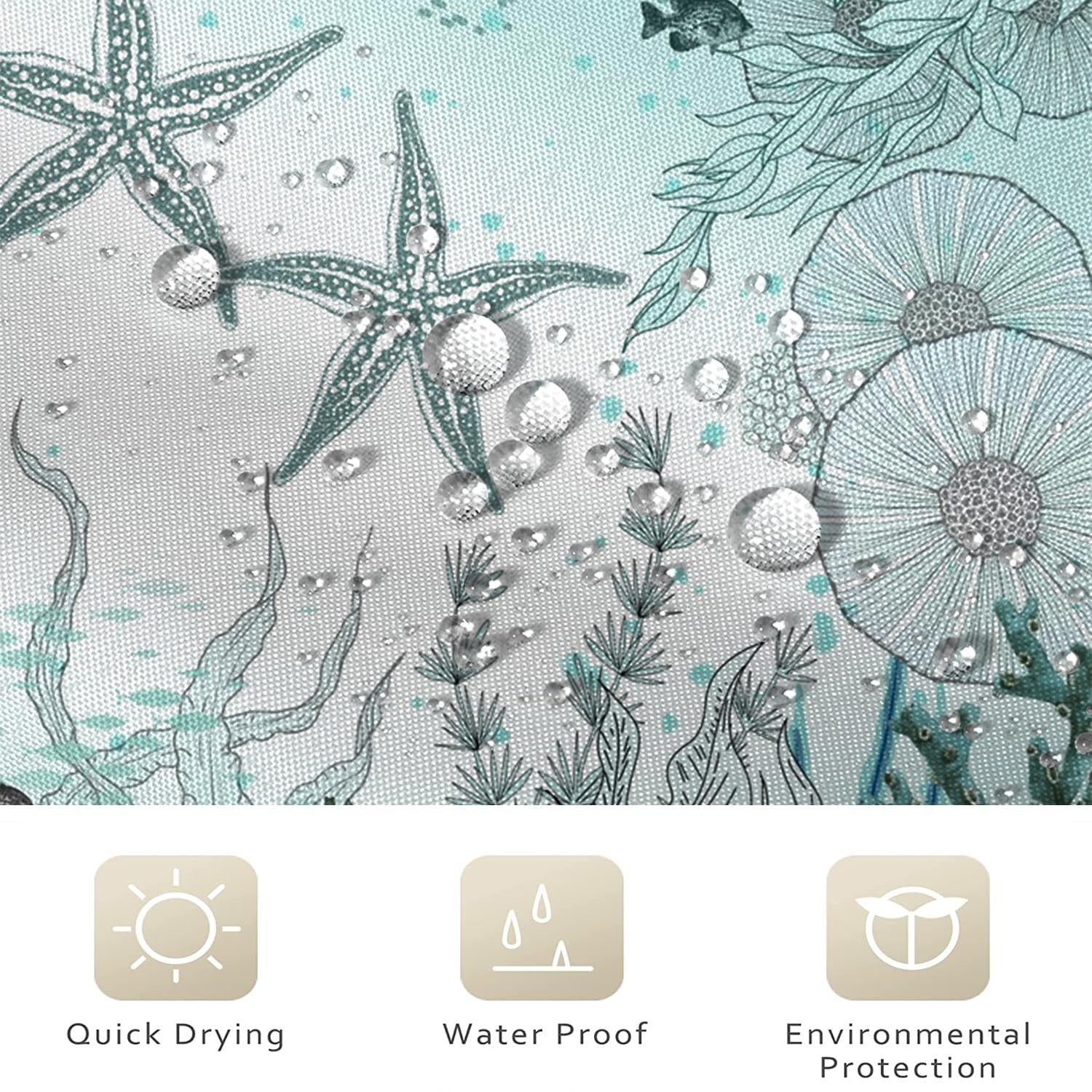 Summer Teal Starfish Shower Curtain Fabric w/ Hooks 72" x 72"