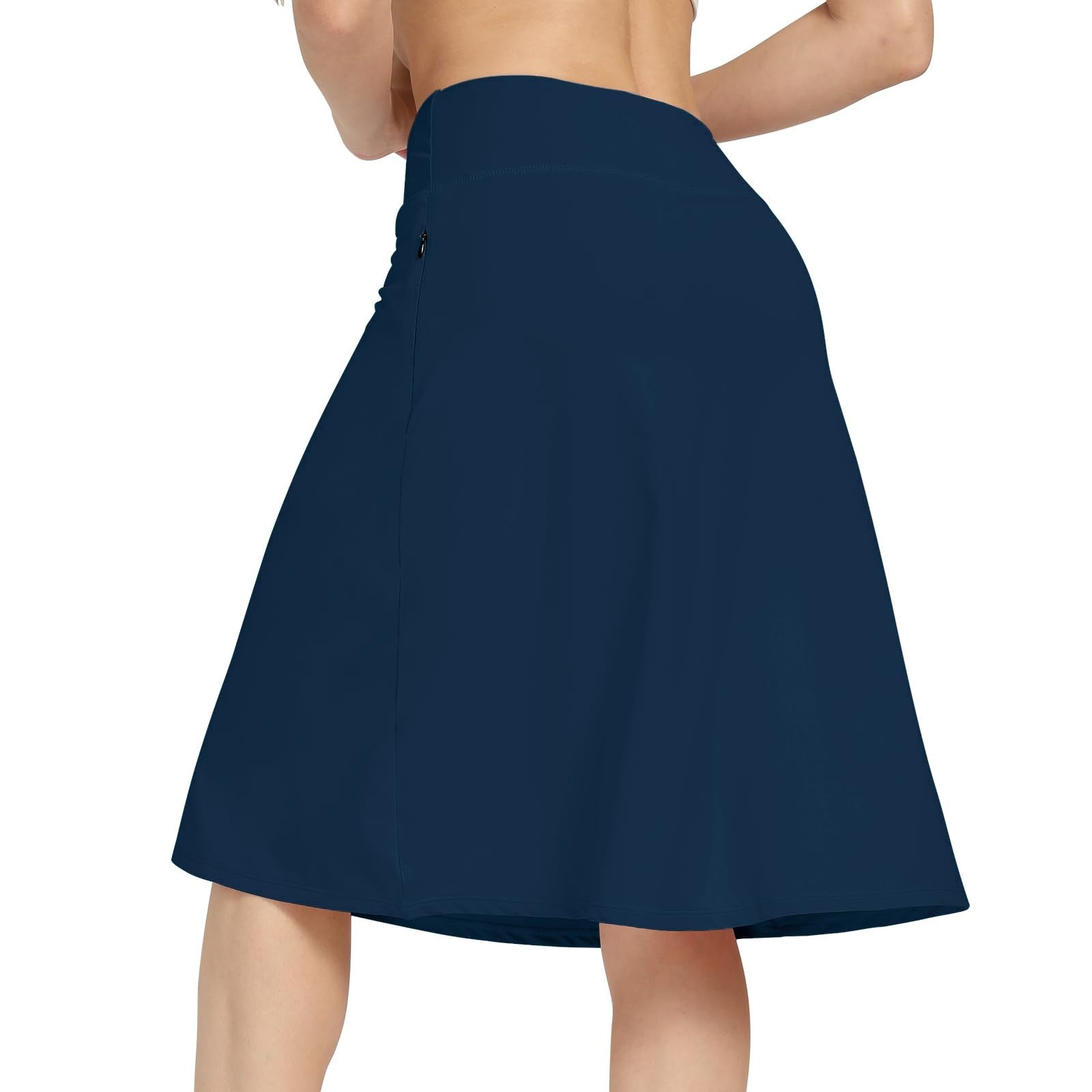 Navy Womens Midi Skirt L - High Waist, Hidden Drawstring, Active Wear
