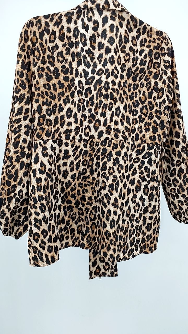 Leopard Print Tie Front Long Sleeve Blouse