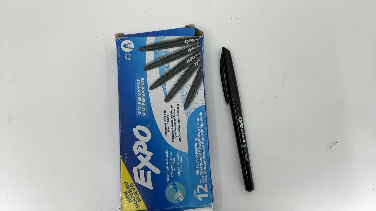 EXPO Wet Erase Markers, Semi-Permanent Markers, Black, Fine Tip, 12 Count