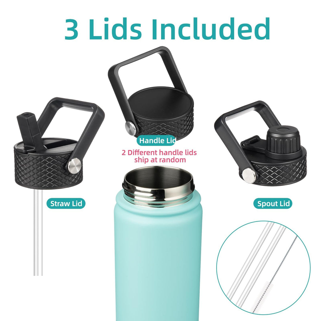 22oz Stainless Steel Insulated Water Bottle w/ 3 Lids, Turquoise