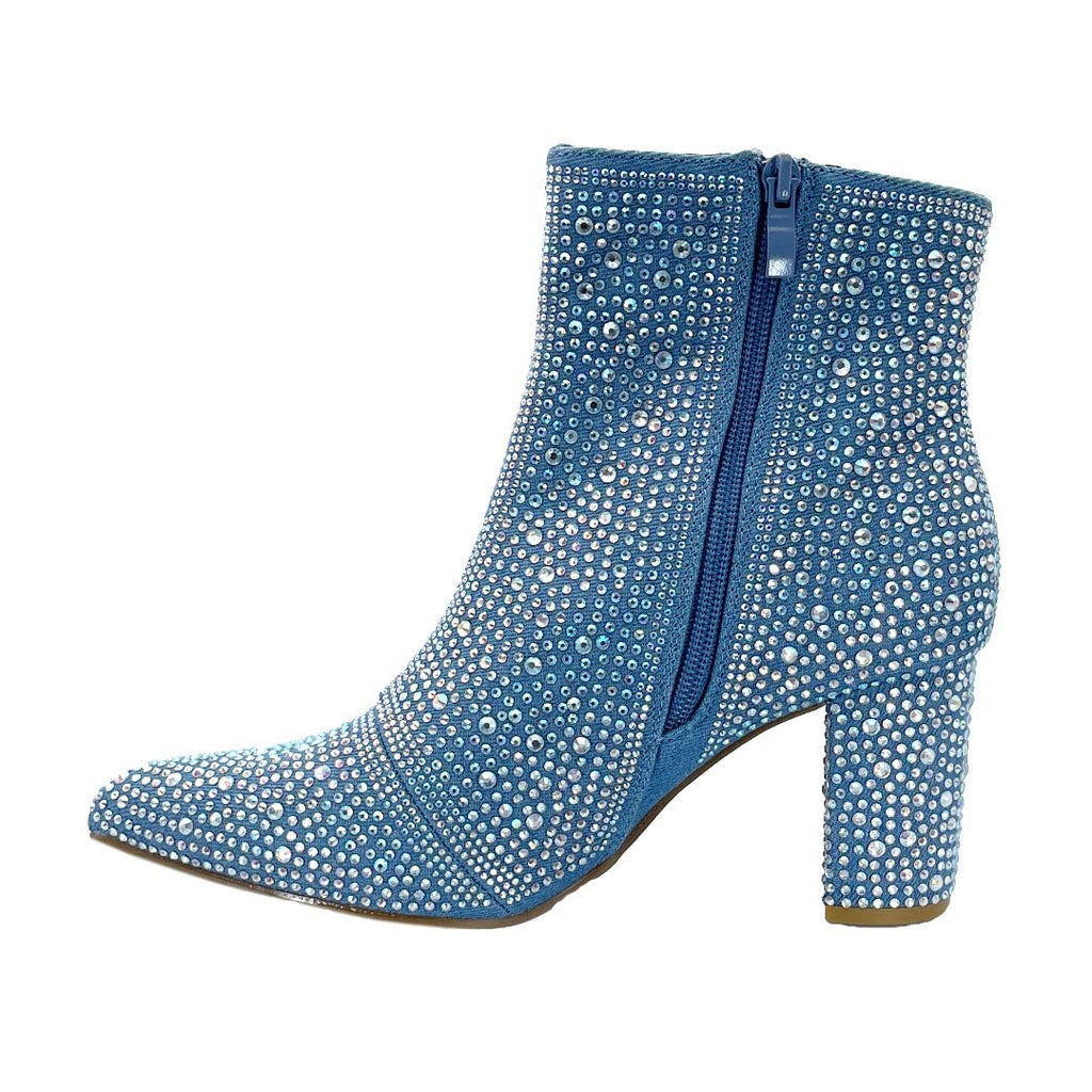 ABSOLEX Women's Blue Denim Pointed Toe Rhinestone Ankle Booties Size 8
