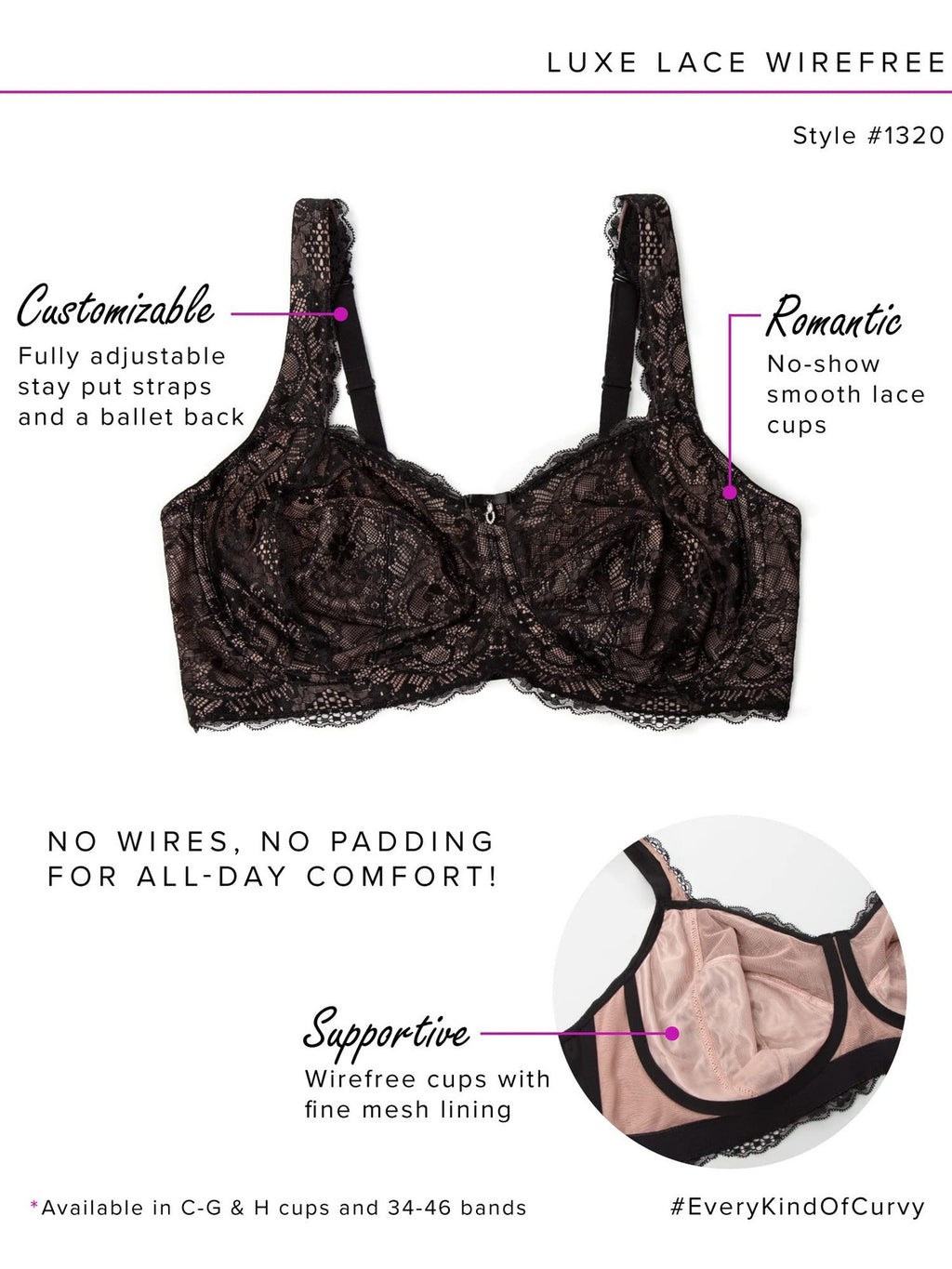 Curvy Couture Plus Size Plunge Bra 44D, Sheer Mesh, Ballet Fever