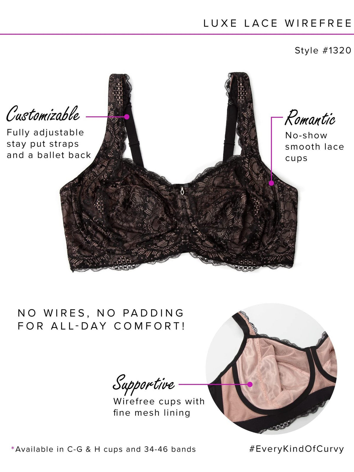 Curvy Couture Plus Size Plunge Bra 44D, Sheer Mesh, Ballet Fever