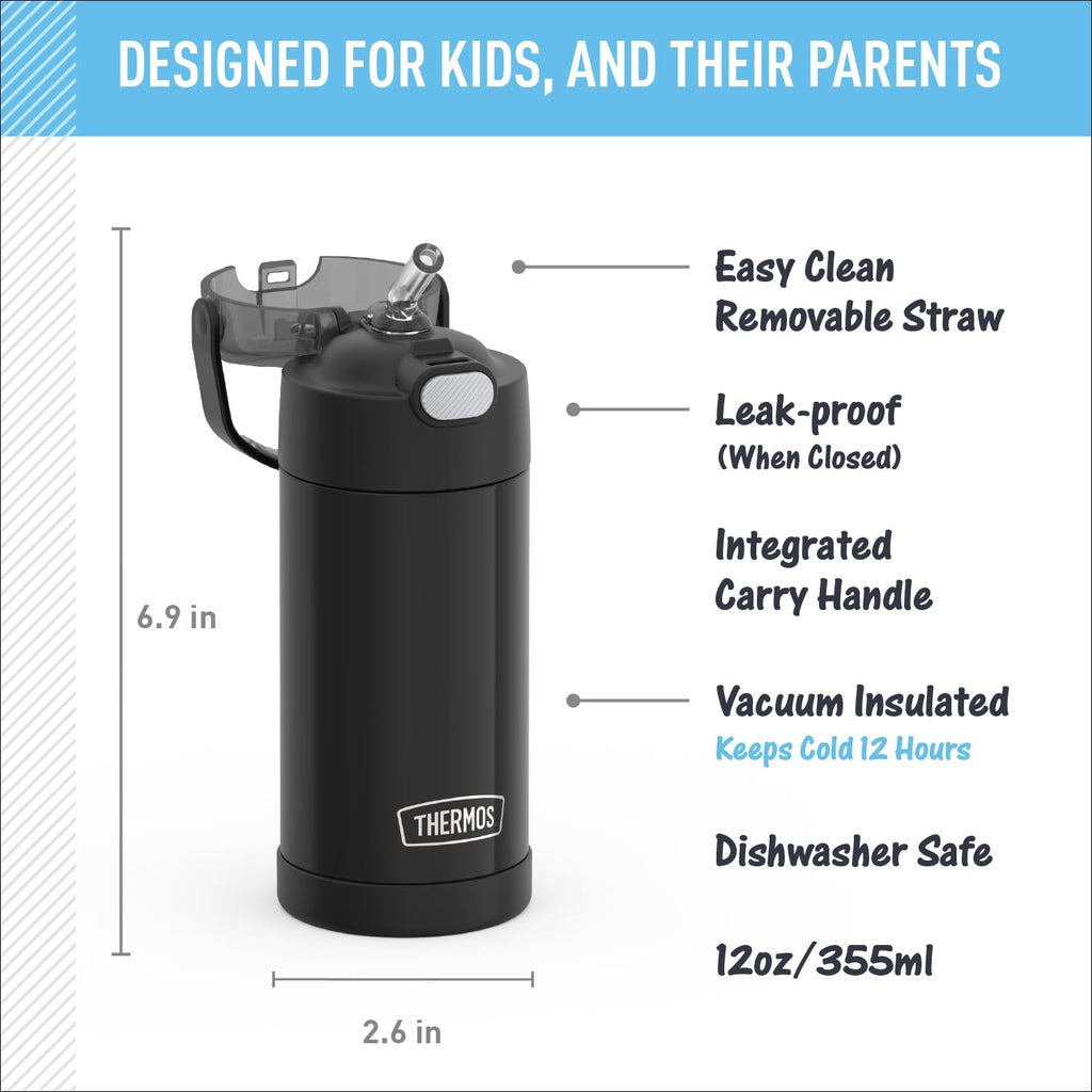 THERMOS FUNtainer 12oz Kids Water Bottle, Black Stainless Steel