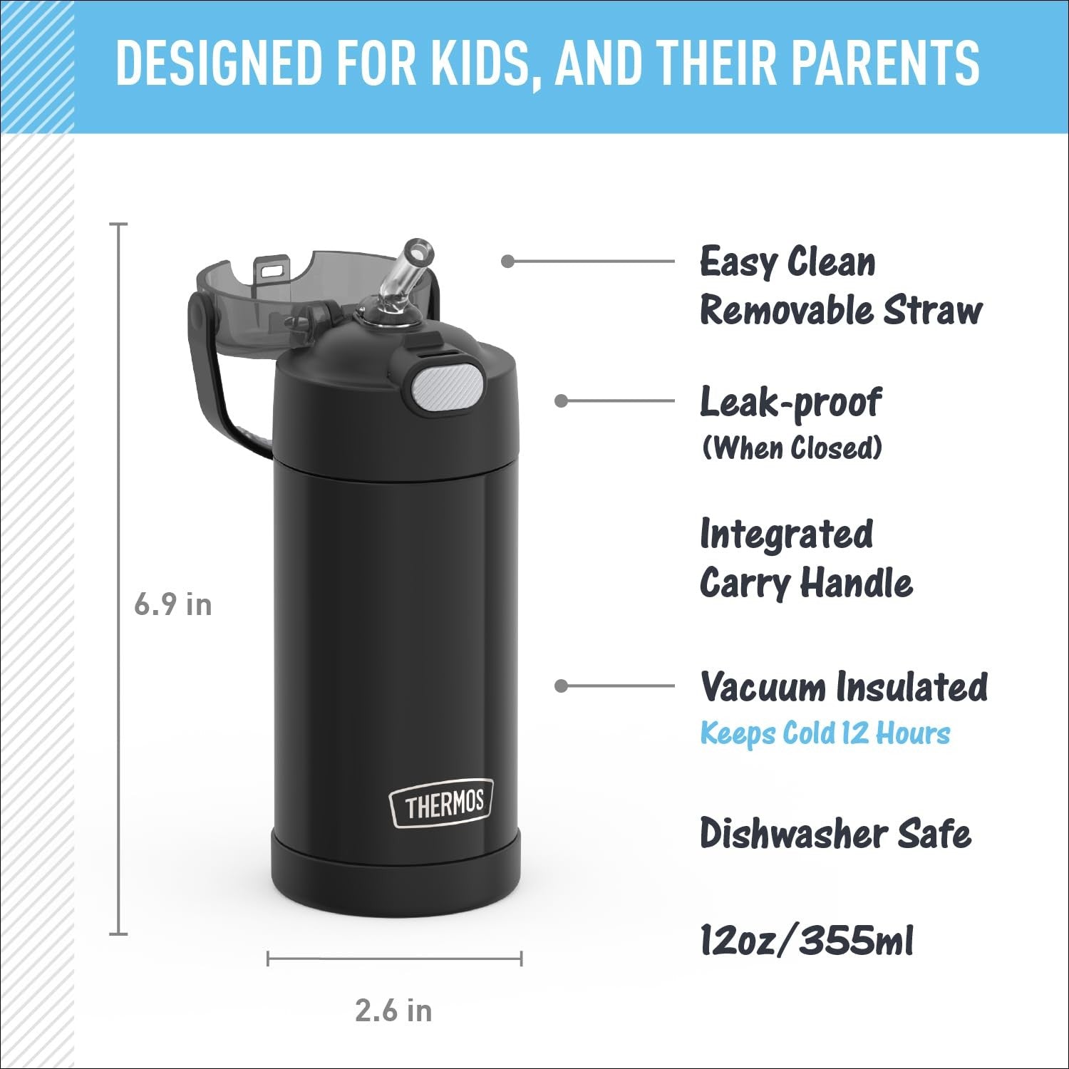 THERMOS FUNtainer 12oz Kids Water Bottle, Black Stainless Steel