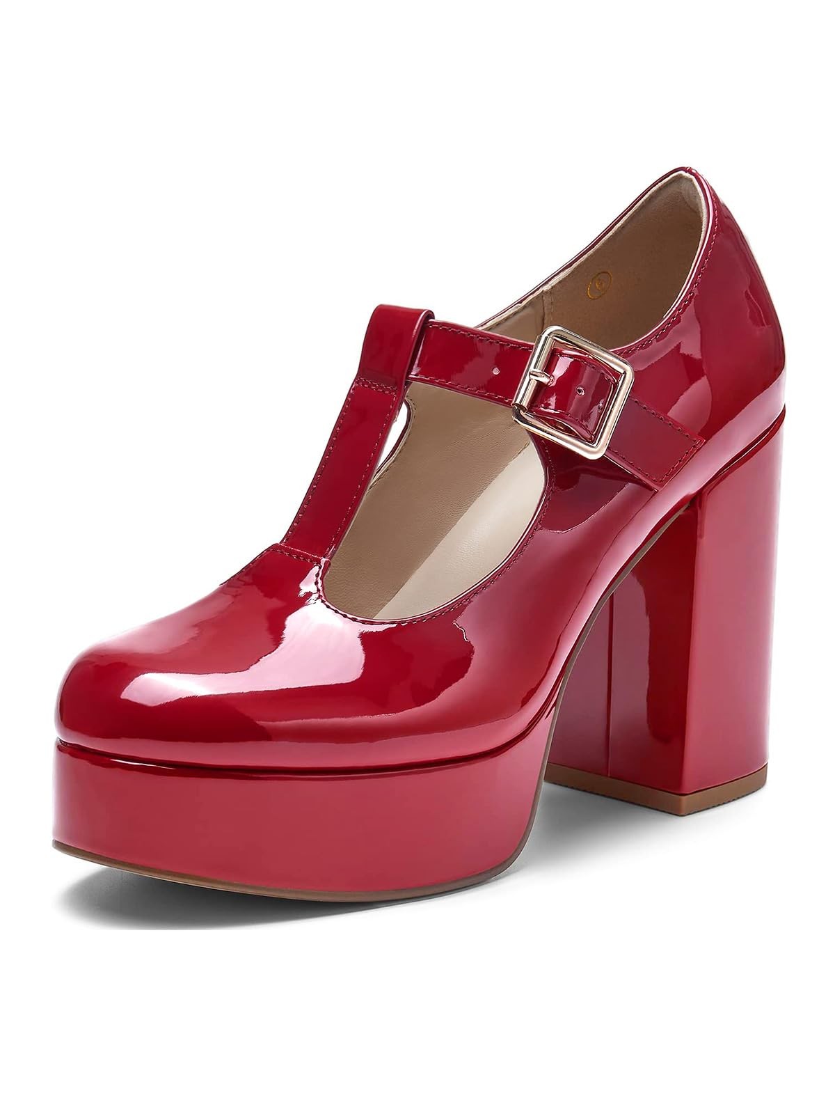 T-Strap Mary Jane Platform Heels, Size 7, Wine Red, Chunky Heel