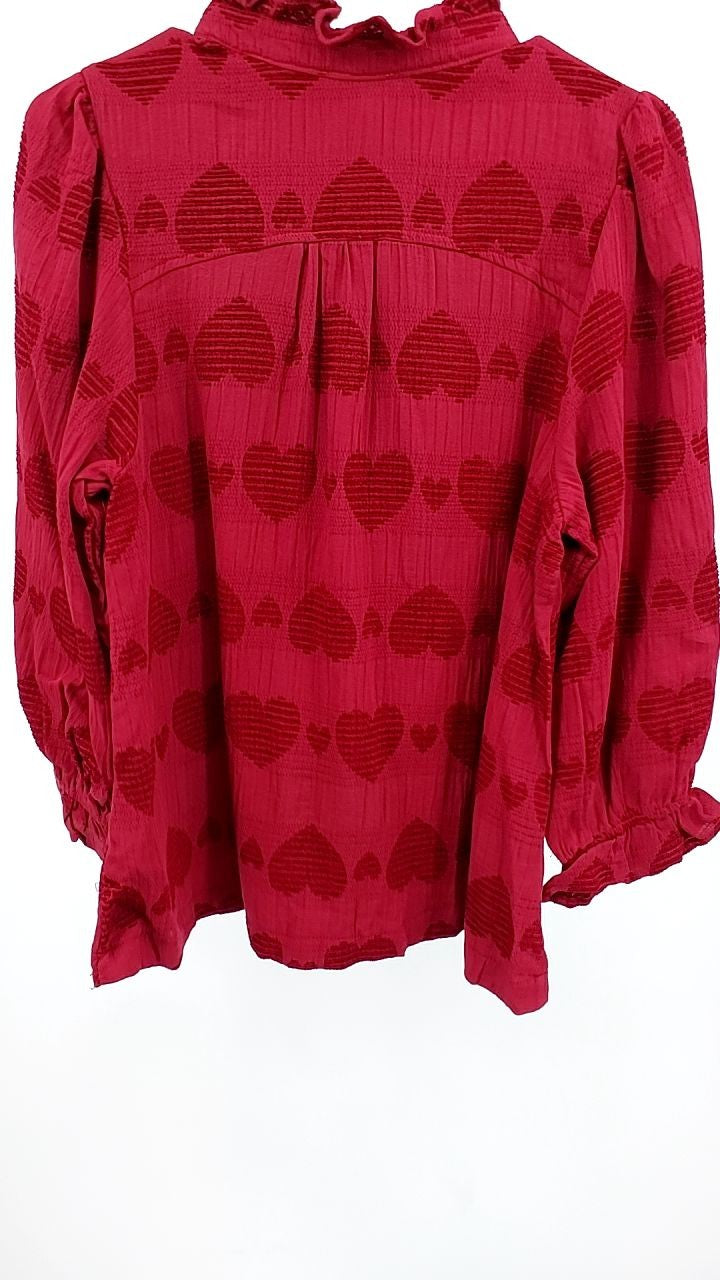 Umgee Heart Jacquard Ruffle Trim Shirt