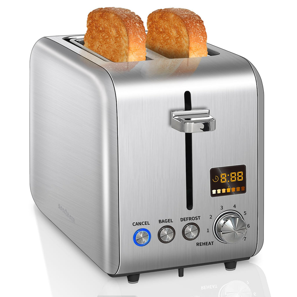 Modern 2 Slice Toaster 900W Silver Metallic w/ Bagel & Defrost Functions