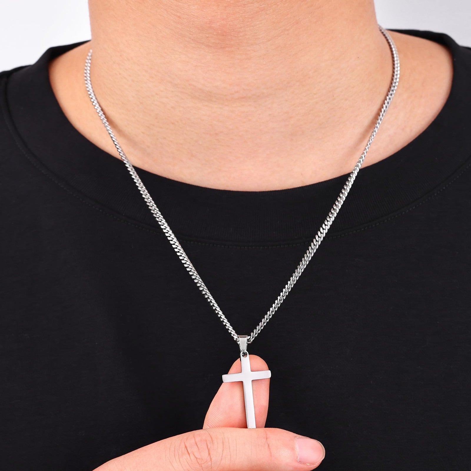 Silver Cross Necklace for Men, 20In Chain, Stainless Steel, Hypoallergenic