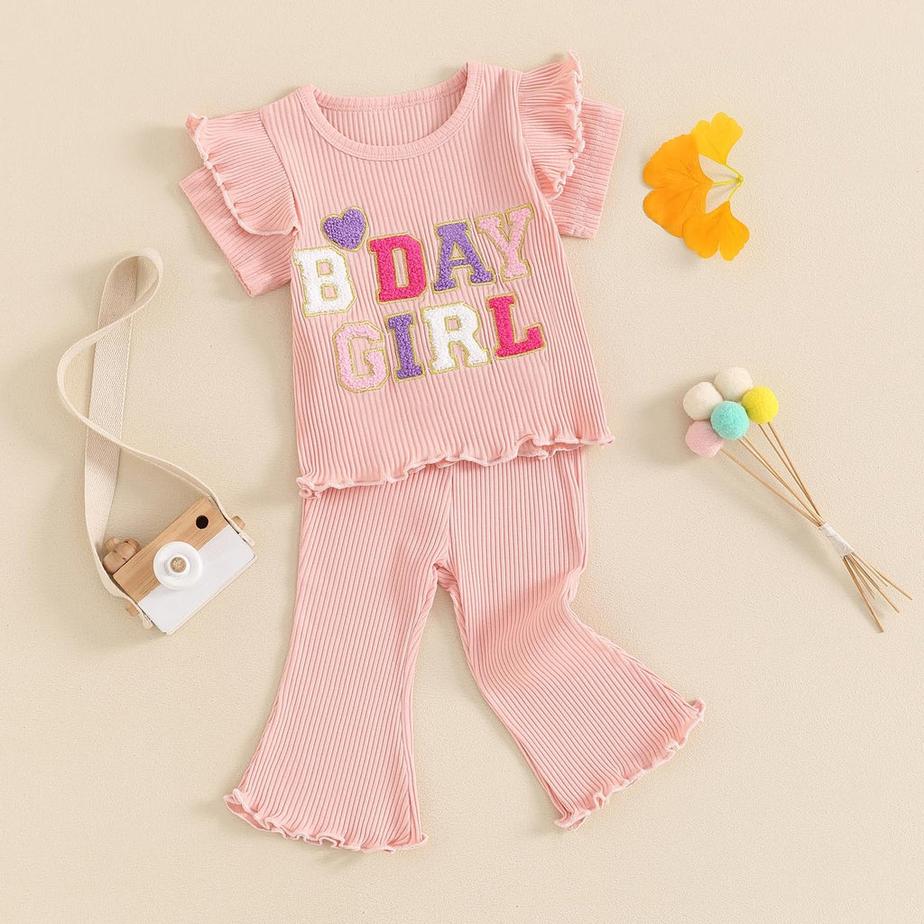 Cute Toddler Birthday Outfit Pink Ruffle Top & Flare Pants Set 4-5 Years