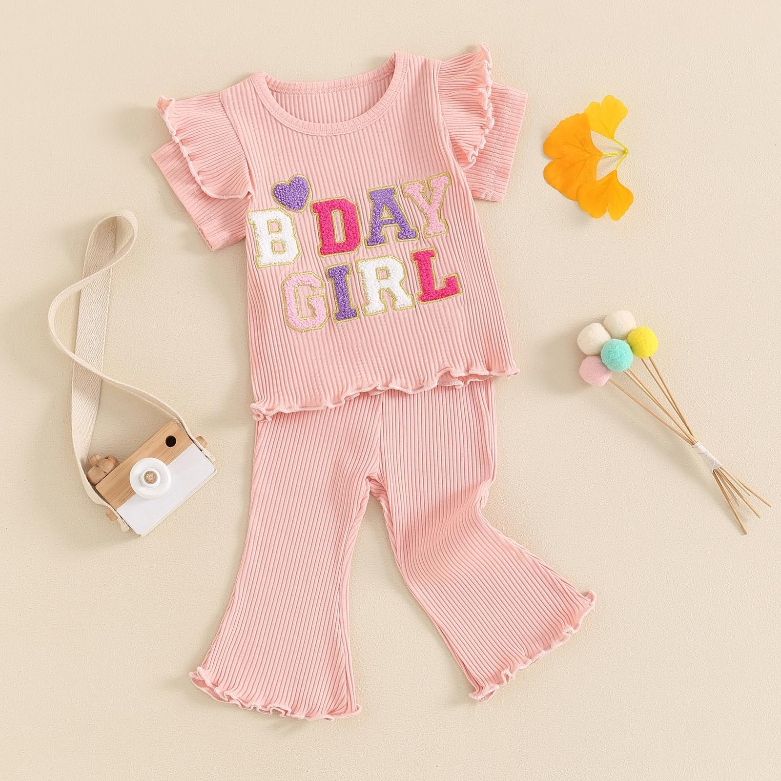 Cute Toddler Birthday Outfit Pink Ruffle Top & Flare Pants Set 4-5 Years
