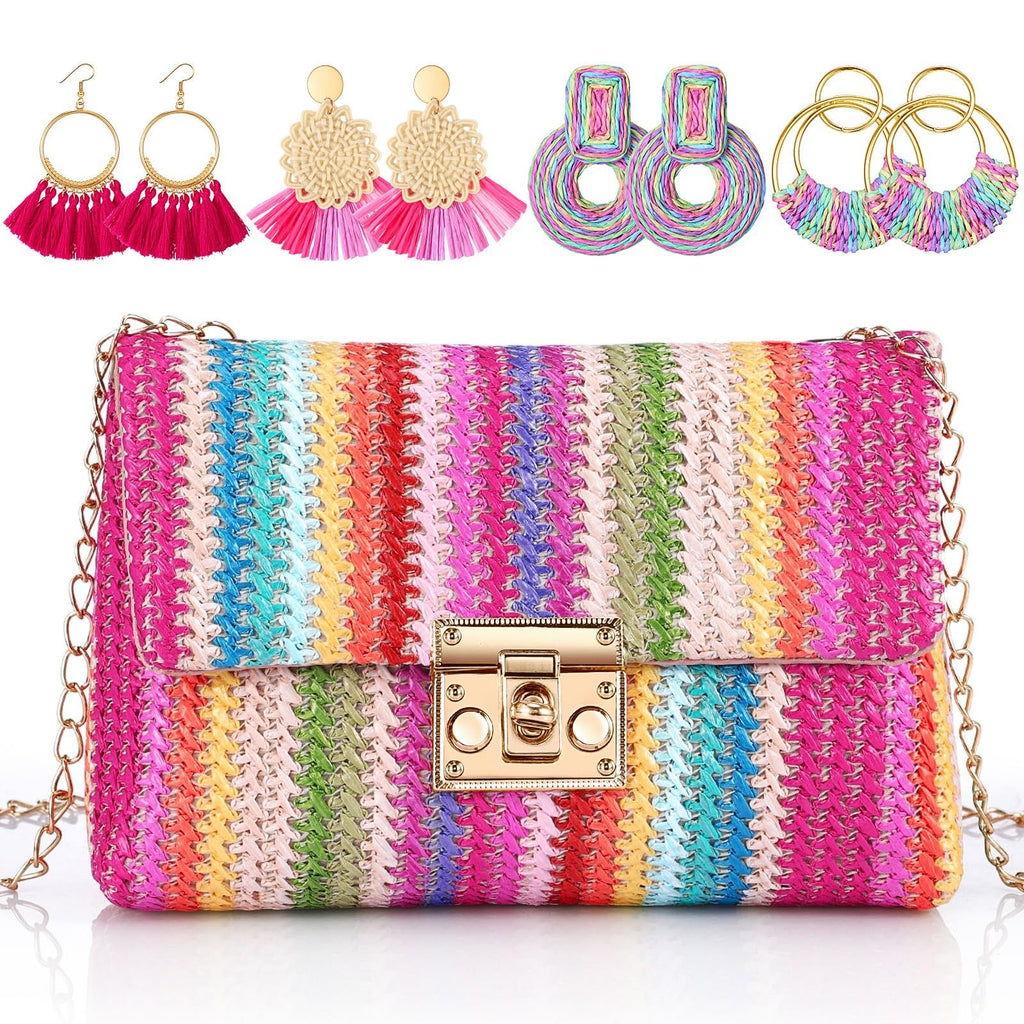 5 Pack Summer Striped Straw Clutch Purse & Earrings Set for Women