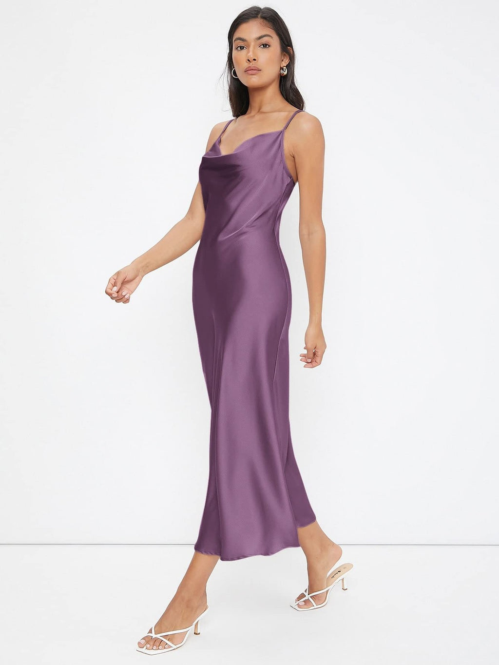 Floerns Purple Silk Cowl Neck Spaghetti Strap Midi Dress XS