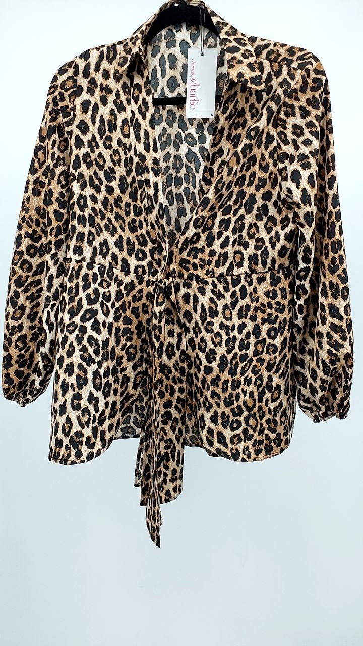 Leopard Print Tie Front Long Sleeve Blouse