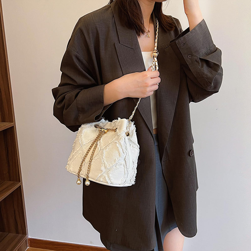 Extolove White Denim Bucket Bag Quilted Drawstring Hobo Purse