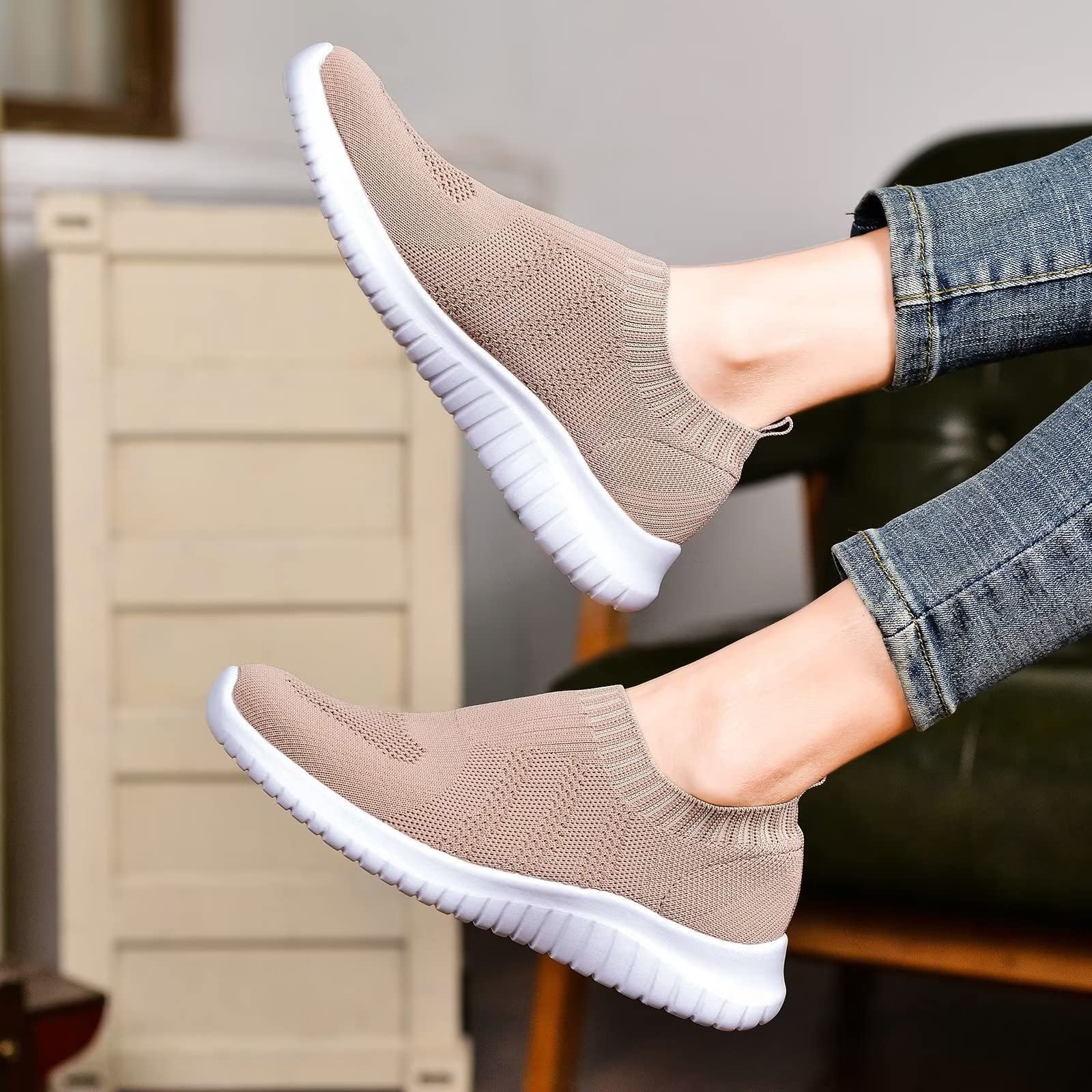 Slip On Athletic Walking Shoes for Women Apricot 39.5 - Comfortable Sneakers
