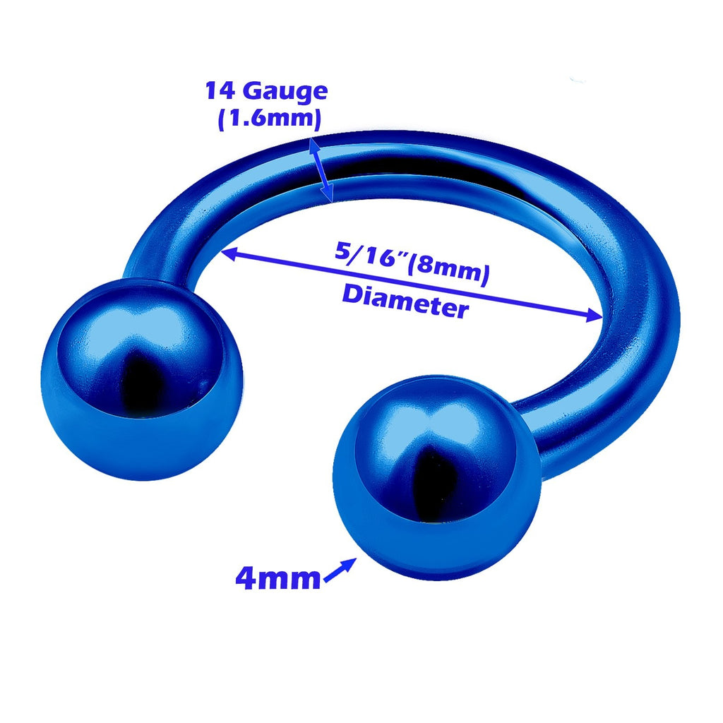 Anodized 14g Horseshoe Barbell Piercings 8Pcs Set Blue & Black 4mm Ball