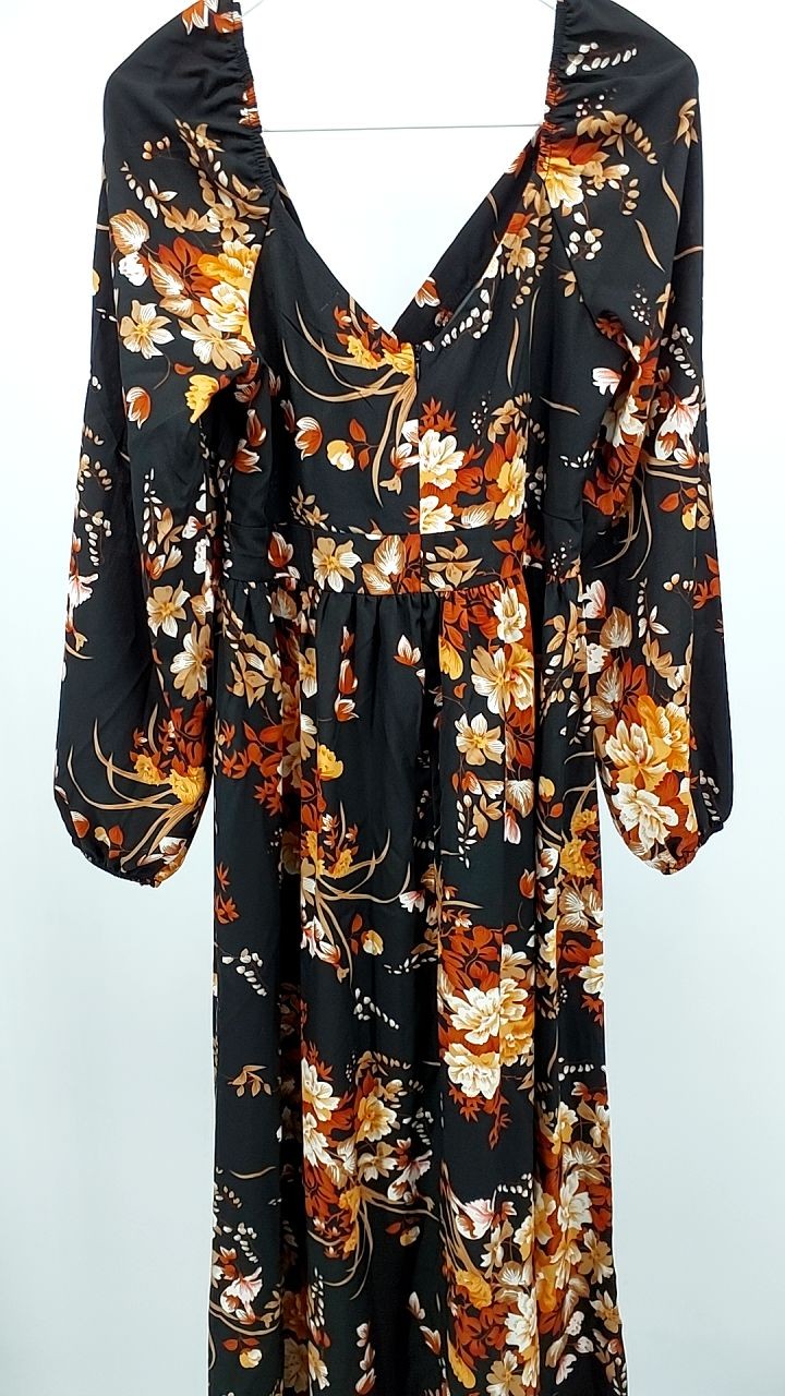 Slit Printed Surplice Long Sleeve Maxi Dress