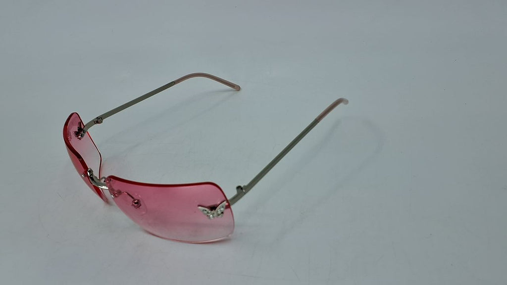 Cute Frameless Y2K Sunglasses - Small Rectangle Pink Lens, Butterfly Design