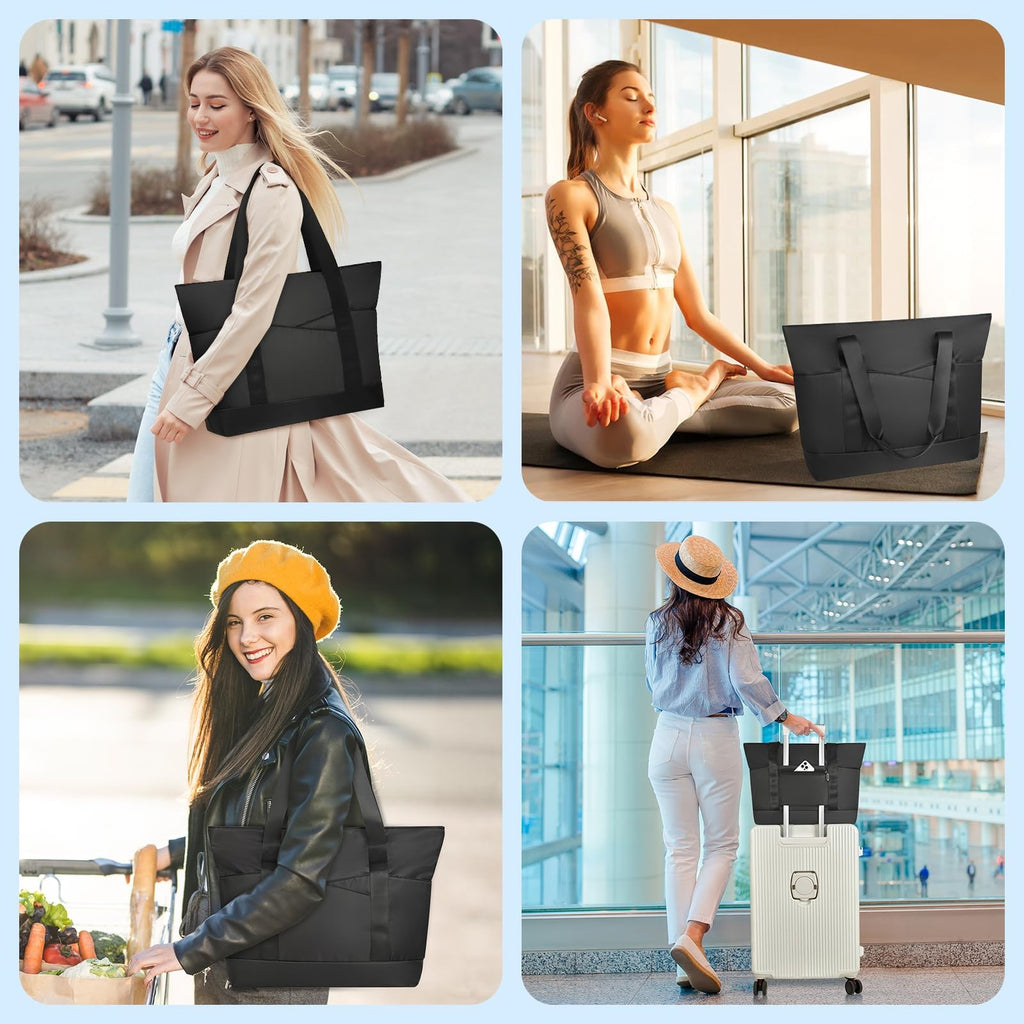 Black Large Tote Bag for Women w/ Laptop Compartment & Trolley Sleeve