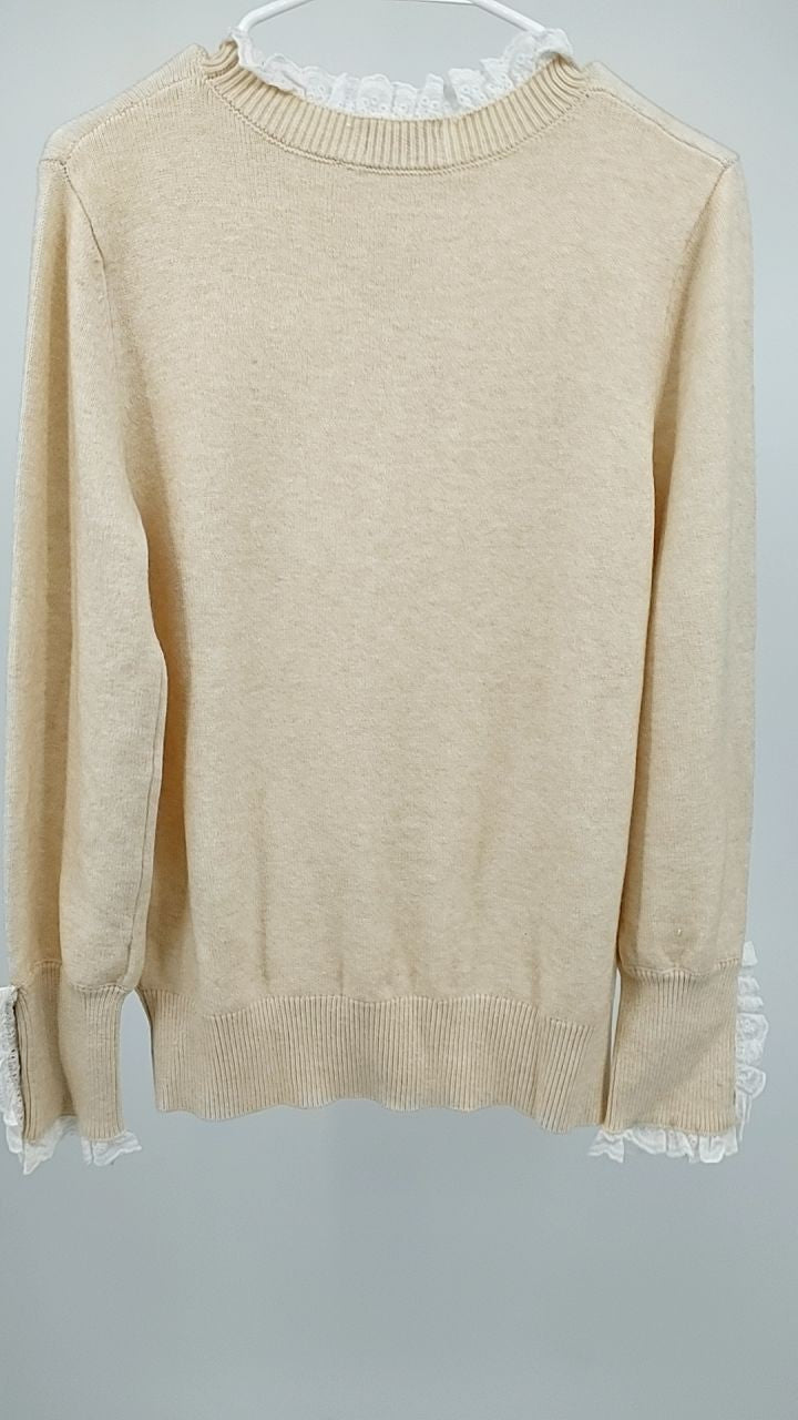 Lace Trim Button Cuff Long Sleeve Sweater